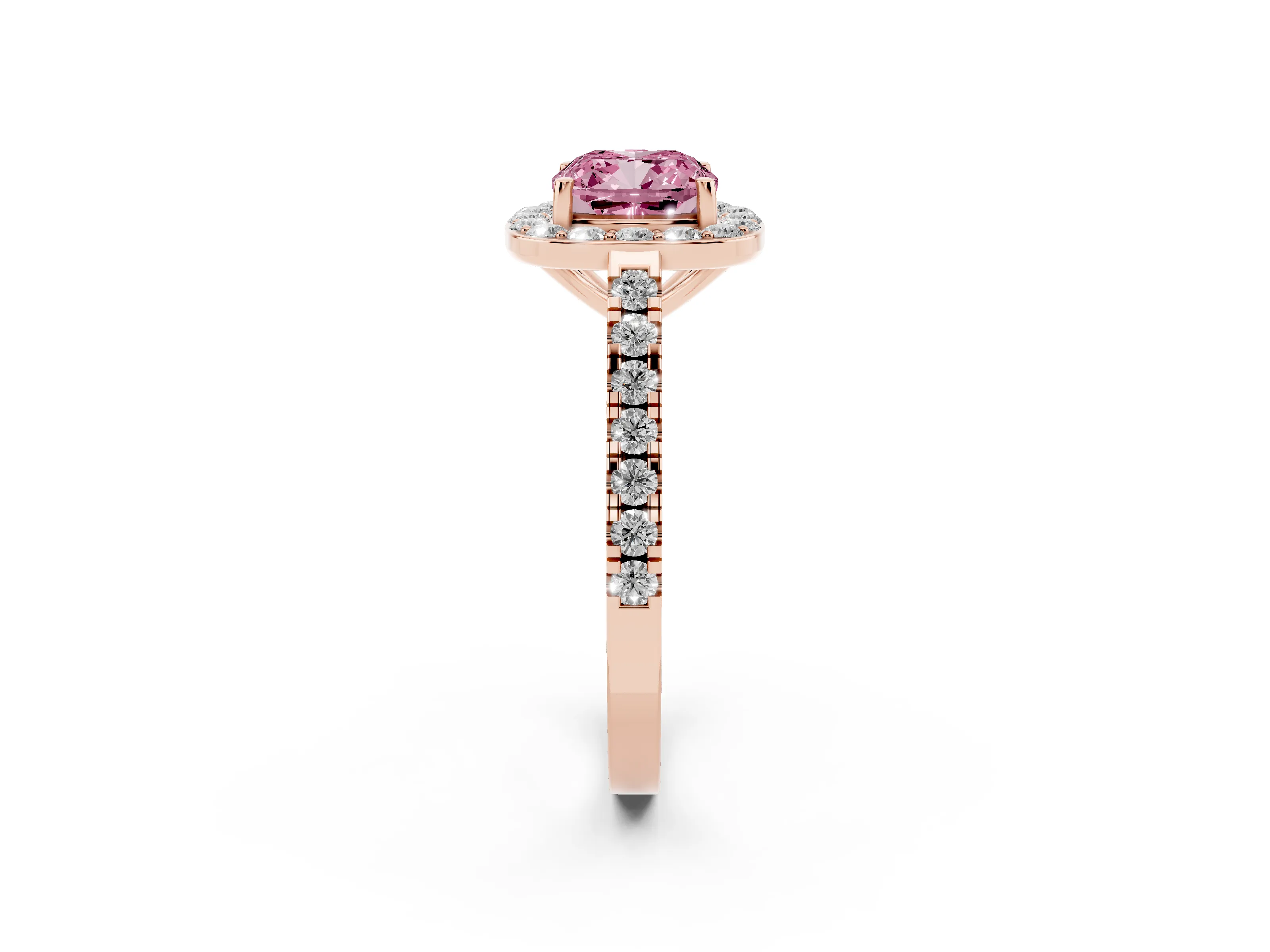Fancy Pink Cushion Cut Diamond Halo Ring Set in Rose gold with Round Pavé Split Shank and Prong Setting