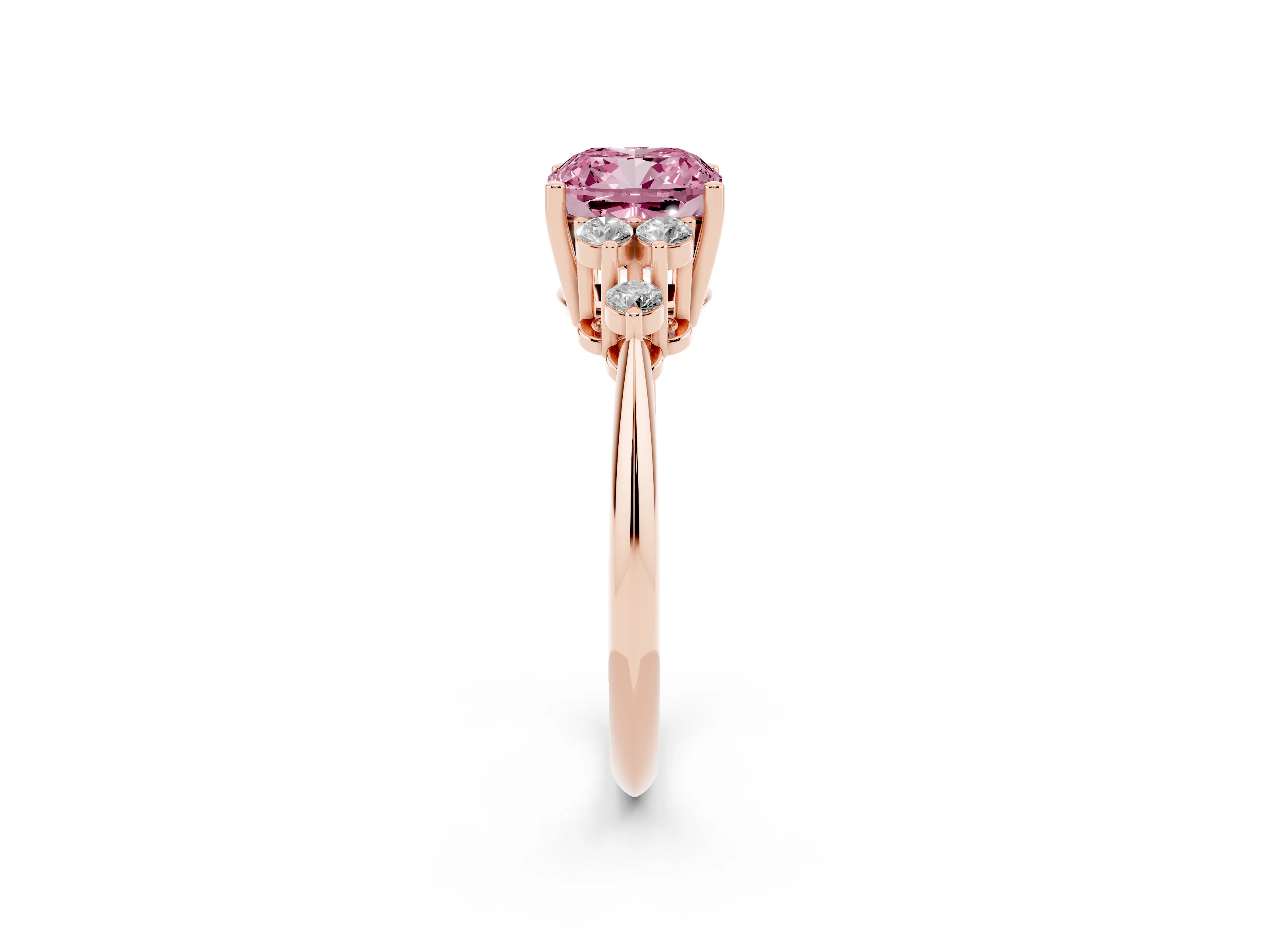 Fancy Pink Cushion Cut Diamond Cluster Ring Set in Rose gold with Plain Band and Prong Setting