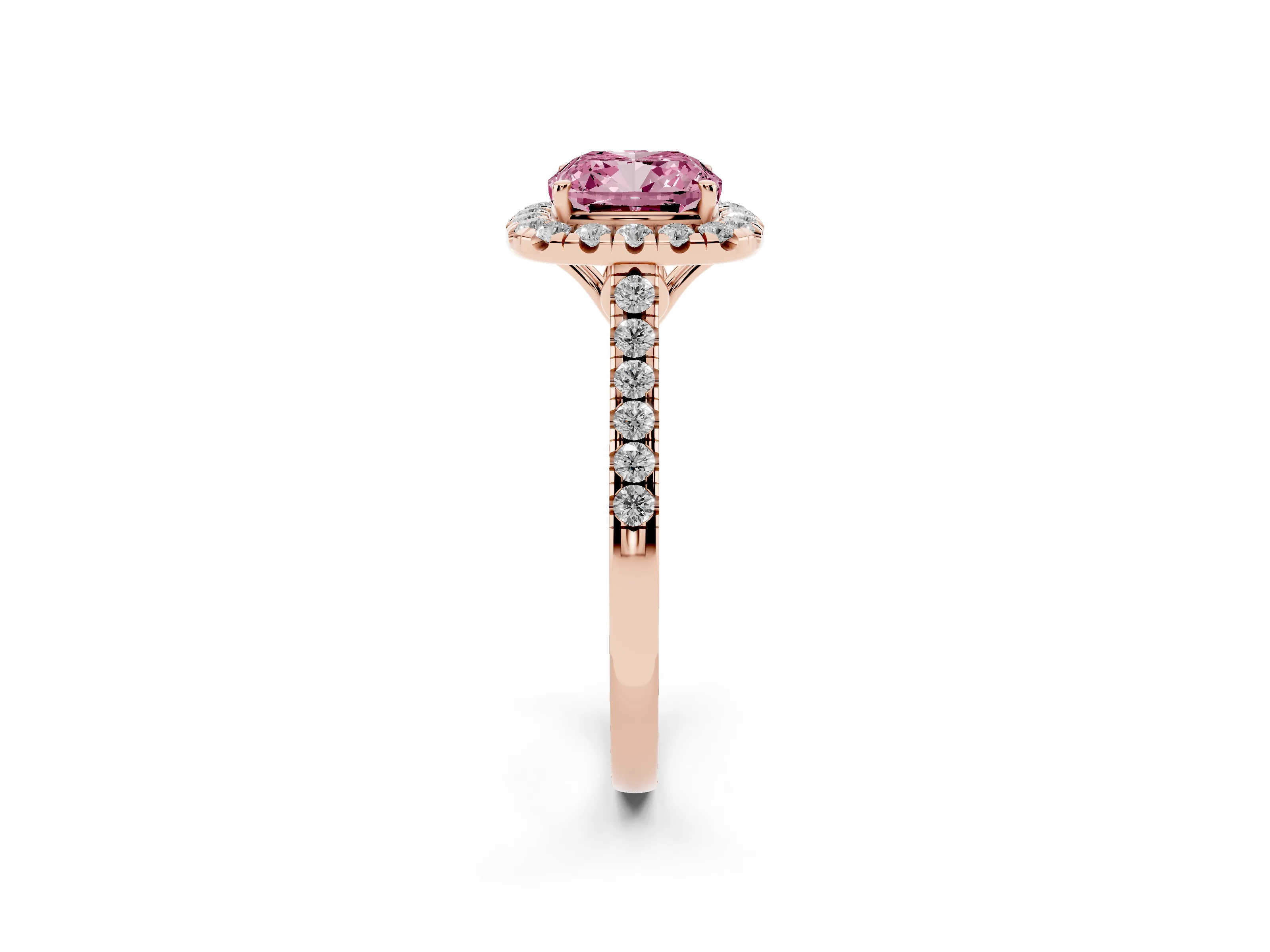 Fancy Pink Cushion Cut Diamond Pavé Halo Engagement Ring Set in Rose gold with Pavé Band and Prong Setting