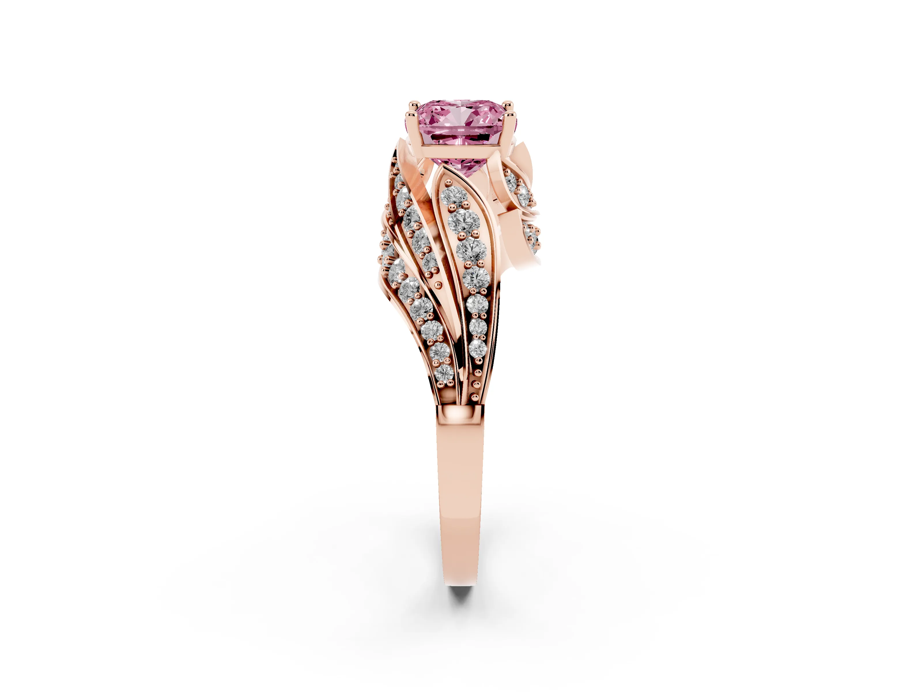 Fancy Pink Cushion Cut Diamond Solitaire Ring Set in Rose gold with Layered Twist Pavé Band