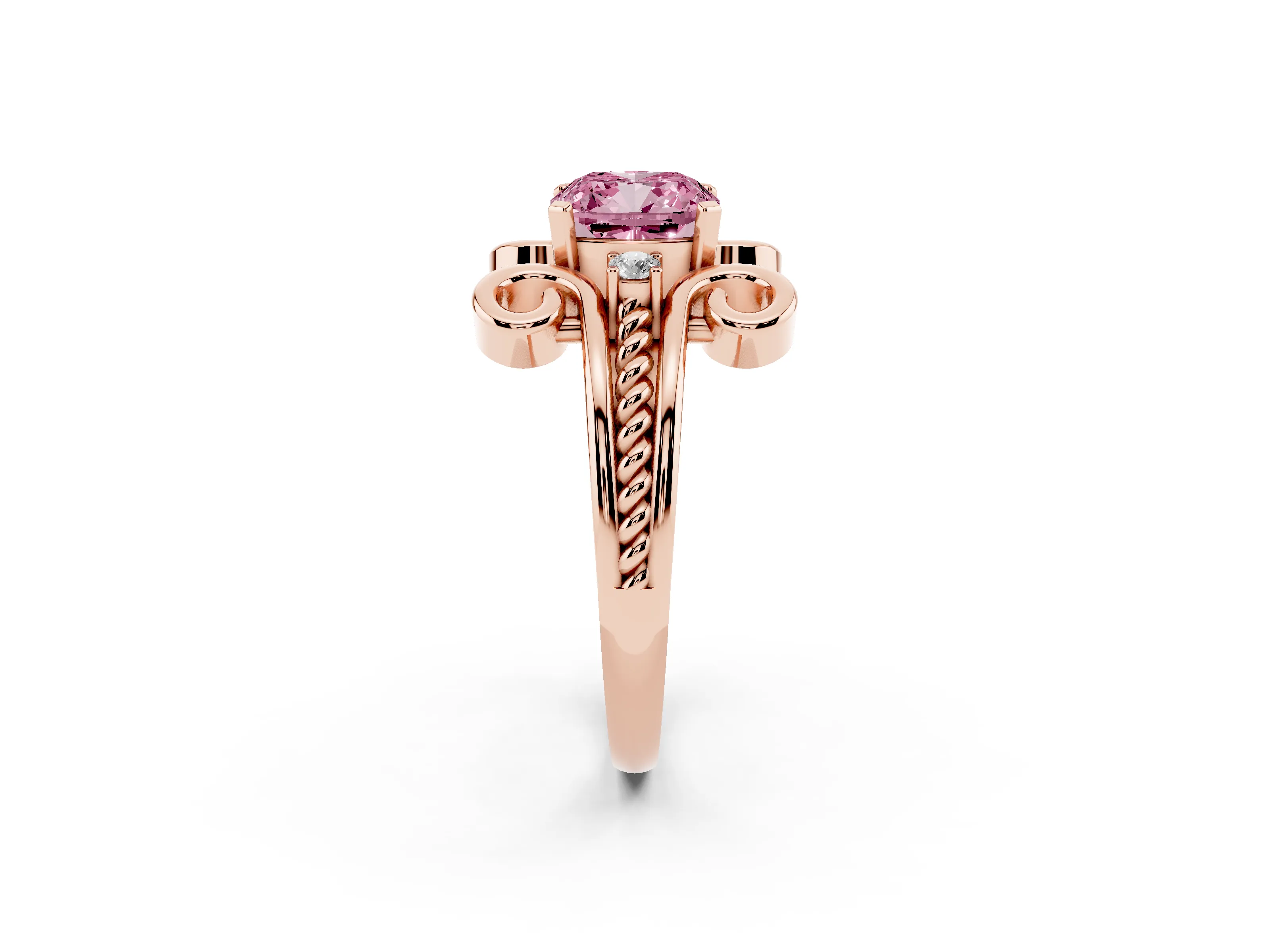 Fancy Pink Cushion Cut Diamond Twisted Band Solitaire Ring Set in Rose gold with Scroll Prongs