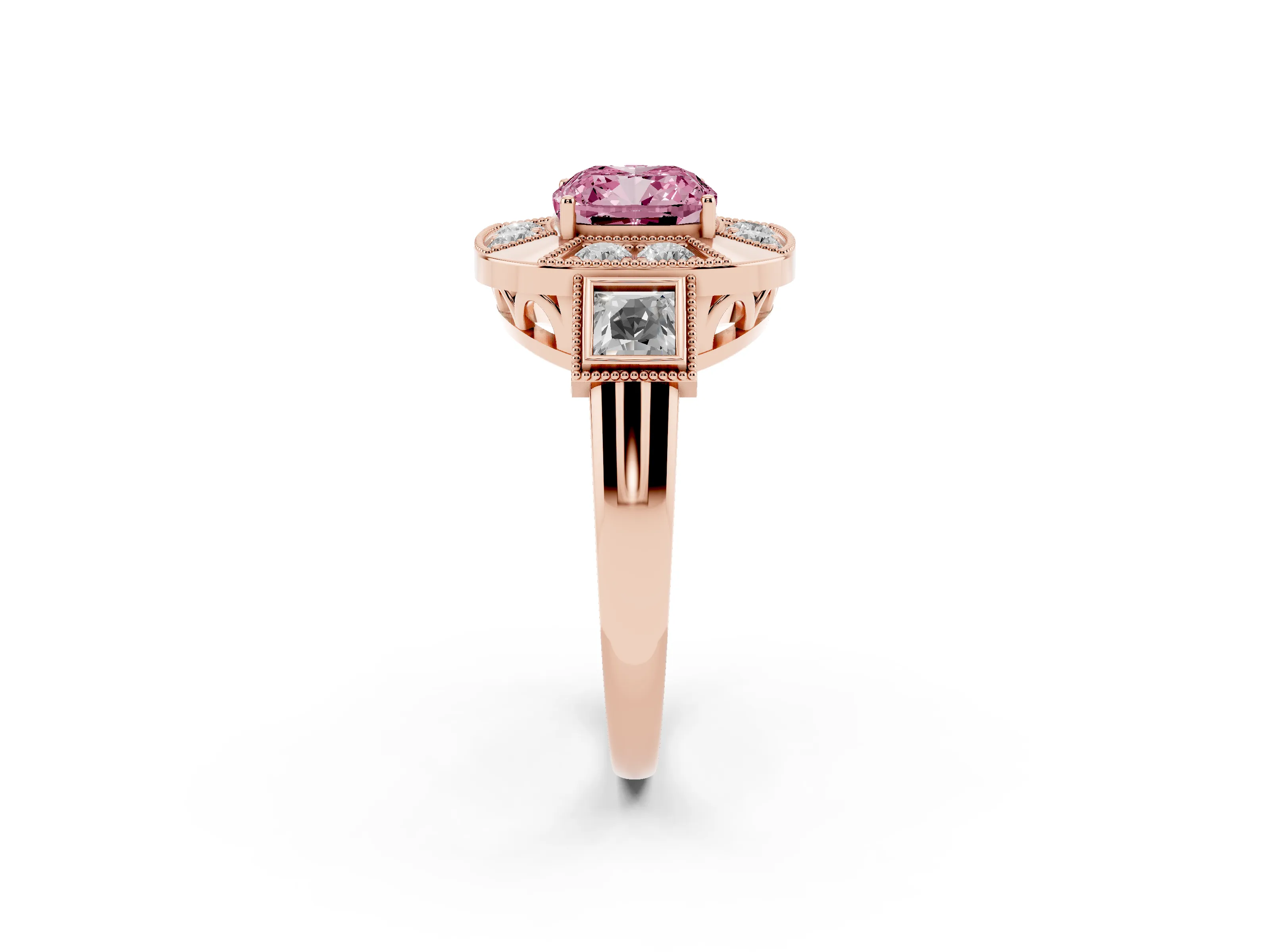 Fancy Pink Cushion Cut Diamond Milgrain Halo Ring Set in Rose gold with Split Shank