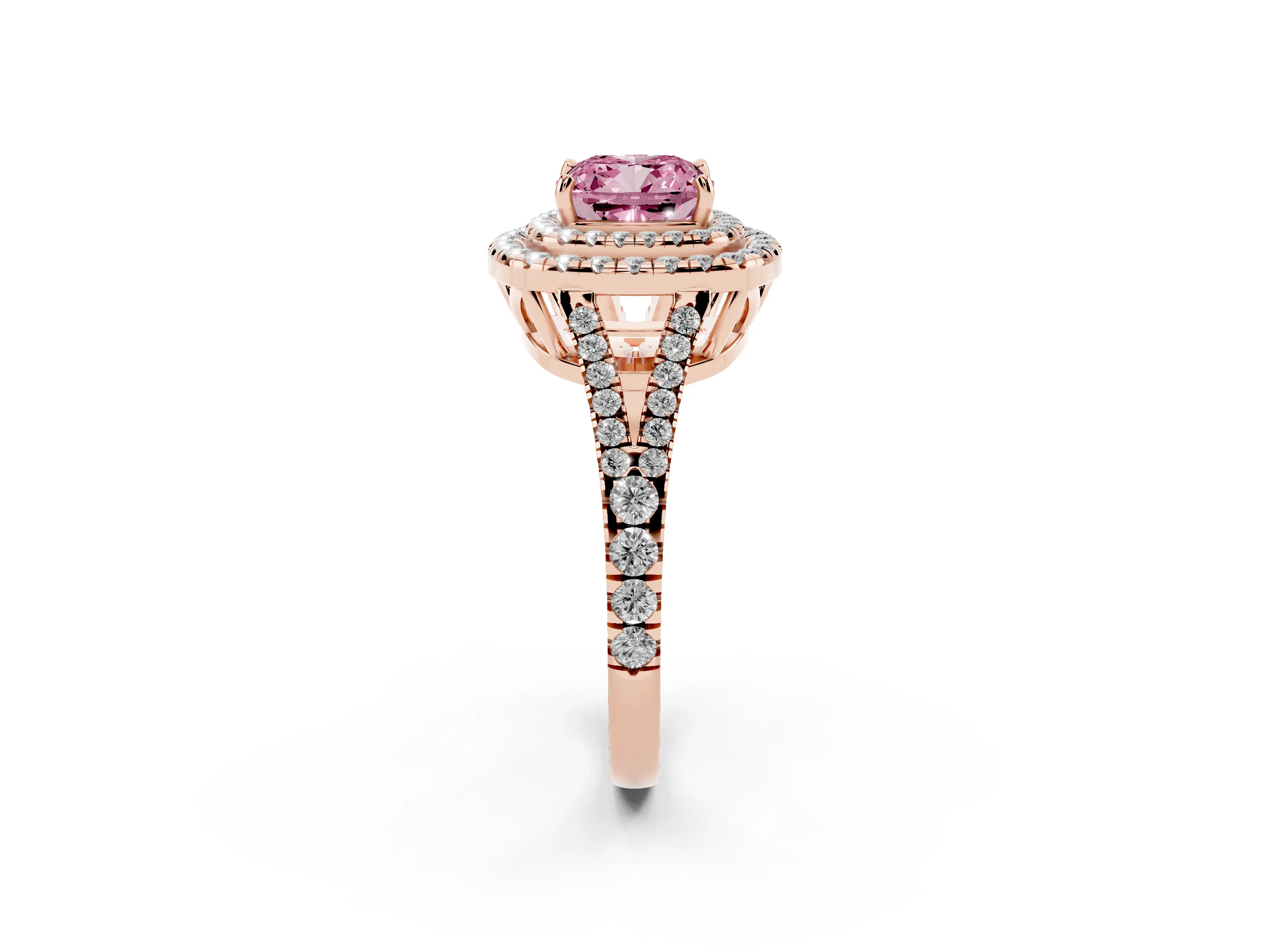 Fancy Pink Cushion Cut Diamond Double Halo Ring Set in Rose gold with Pavé Band