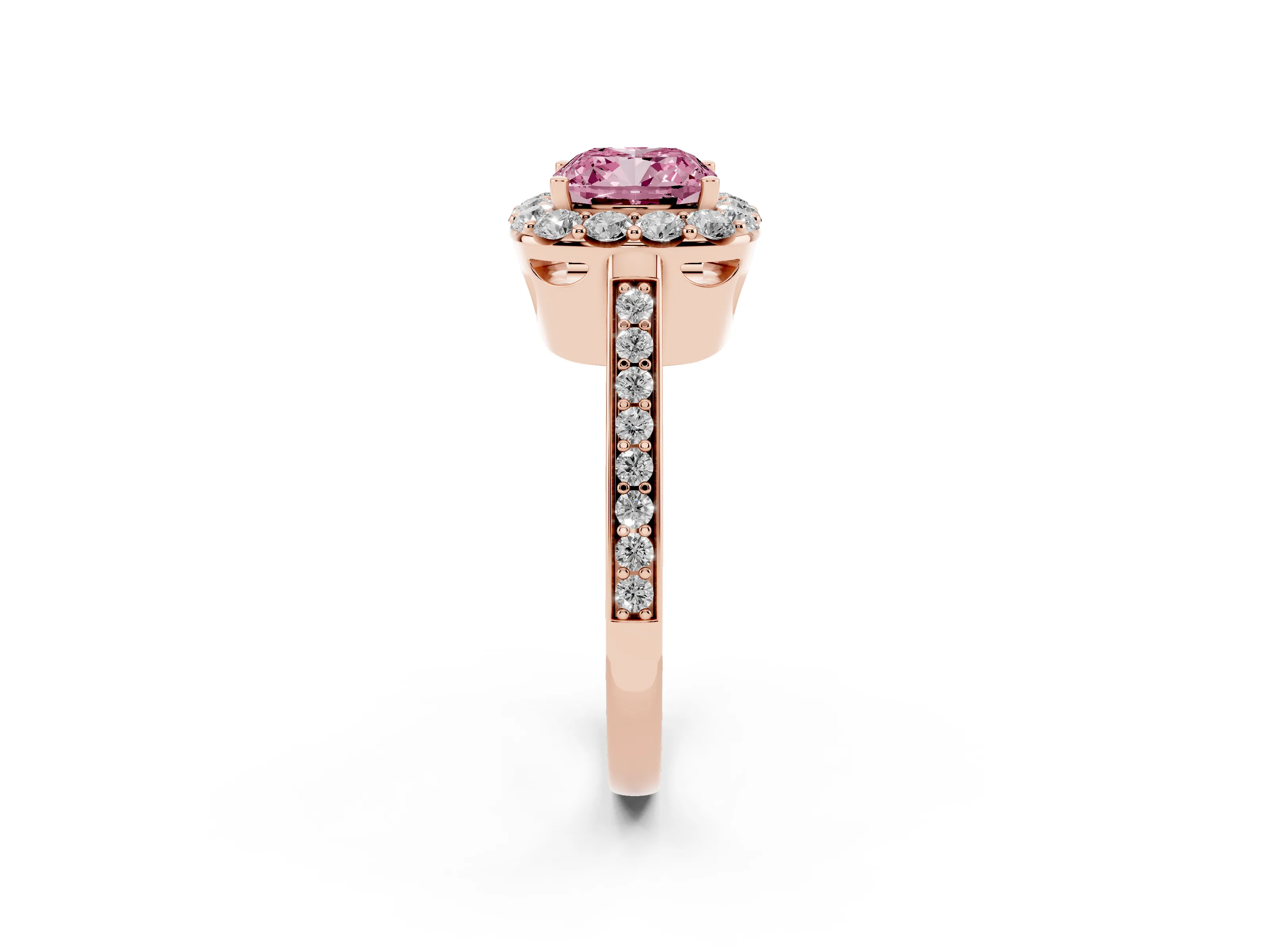 Fancy Pink Cushion Cut Diamond Floral Halo Ring Set in Rose gold with Pavé Band and Prong Setting
