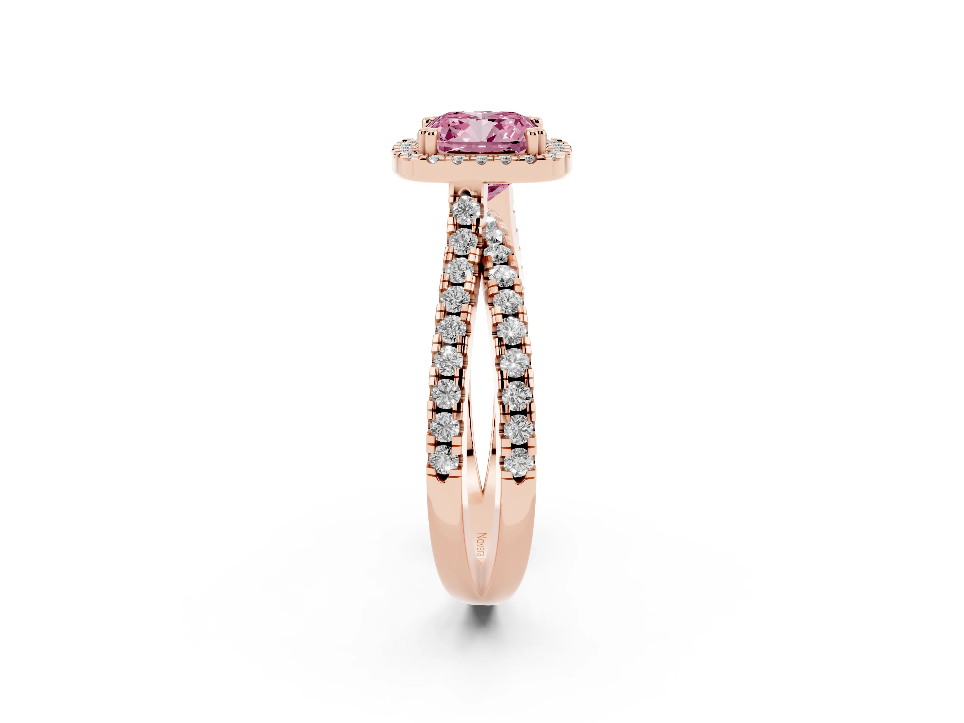 Fancy Pink Cushion Cut Diamond Halo Split Shank Ring Set in Rose gold with Pavé Setting
