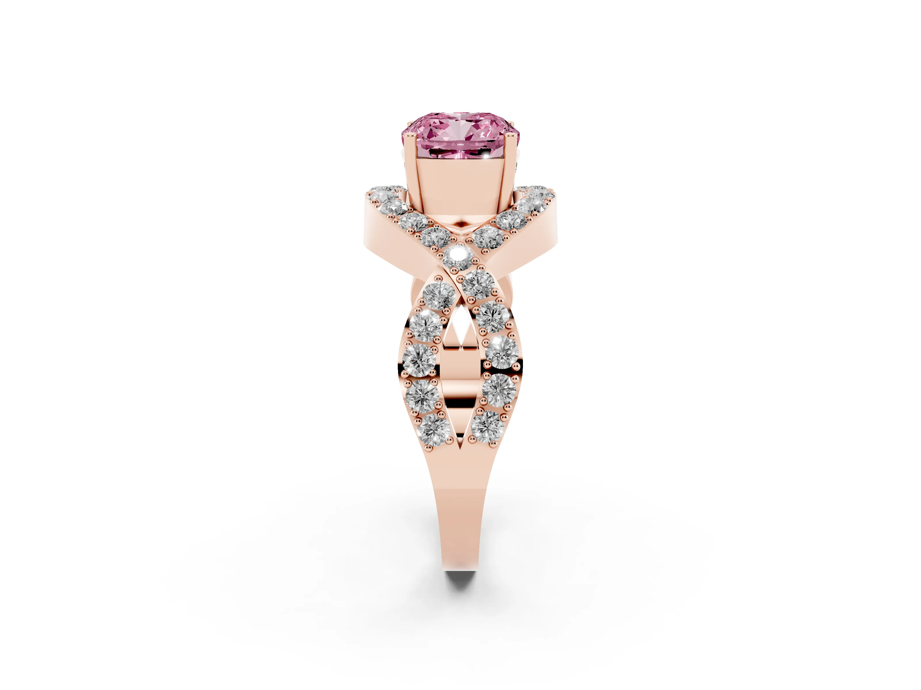 Fancy Pink Cushion Cut Diamond Solitaire Twist Band Pavé Engagement Ring Set in Rose gold