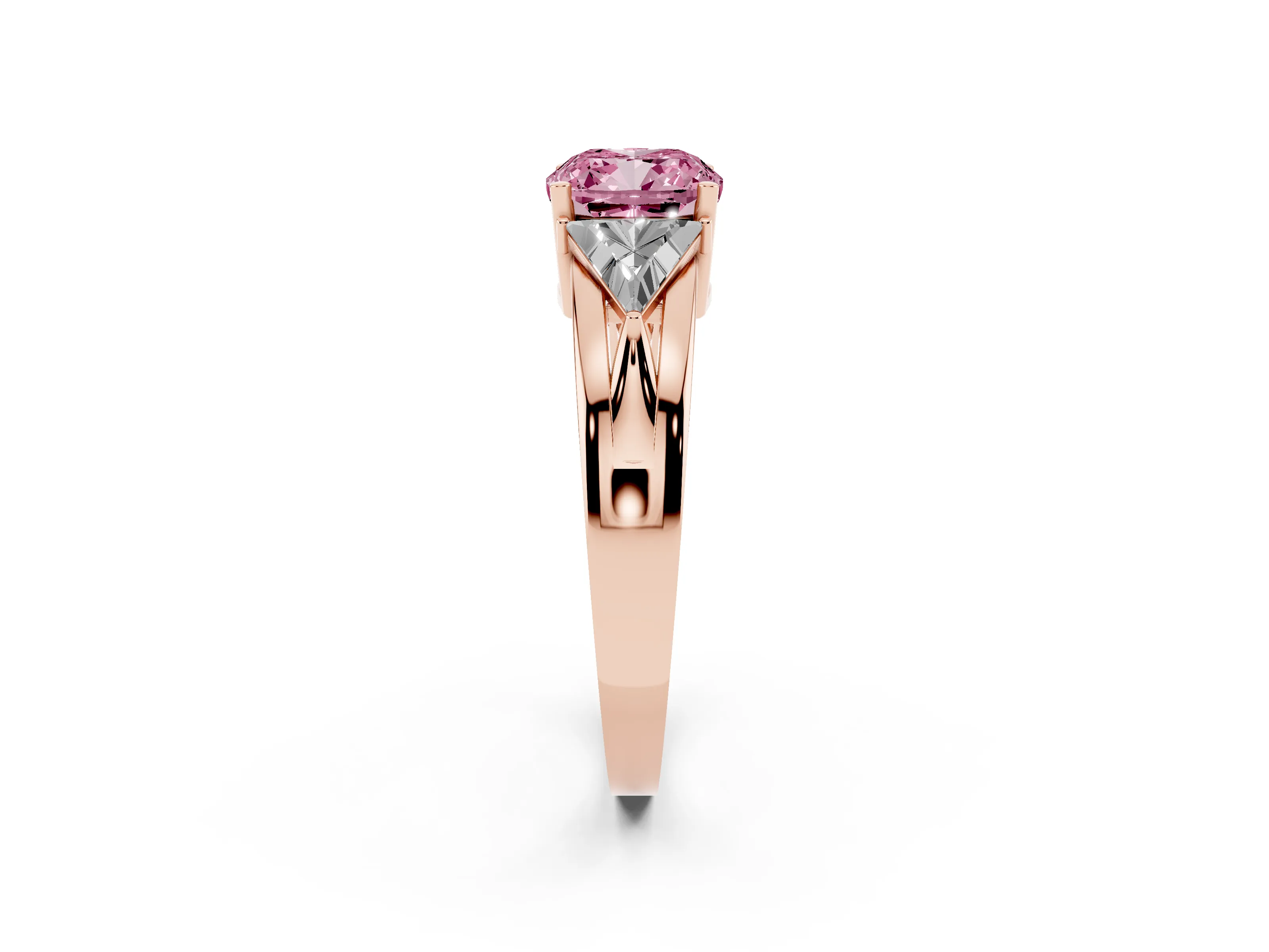 Fancy Pink Cushion Cut Diamond Three-Stone Ring Set in Rose gold with Trillion Side Stones and Split Shank
