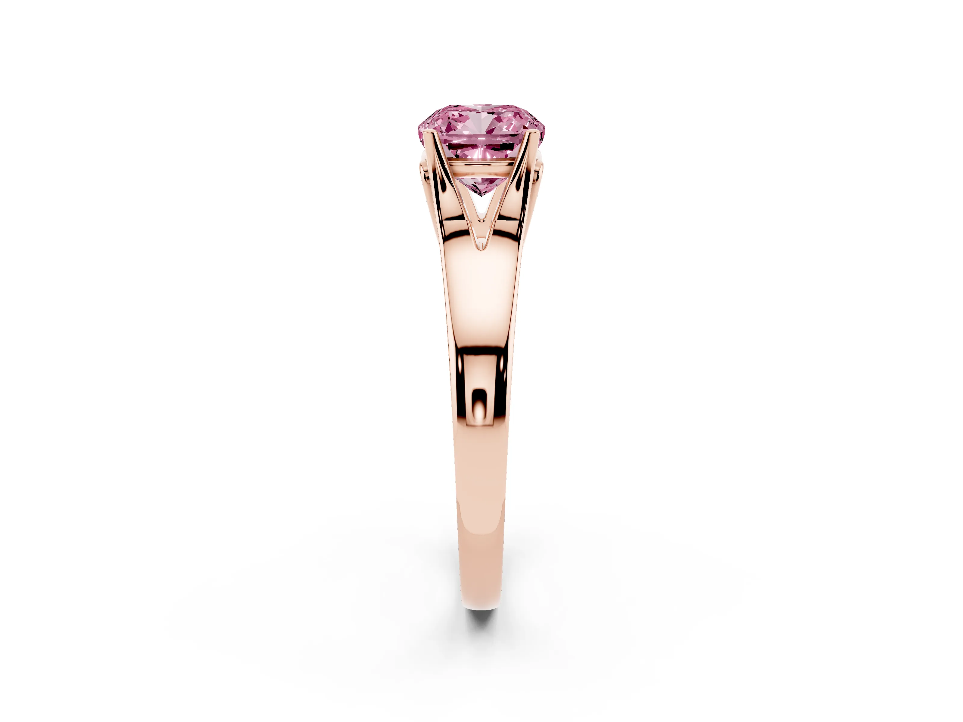 Fancy Pink Cushion Cut Diamond Solitaire Ring Set in Rose gold with Arched Cathedral Band and Prong Setting
