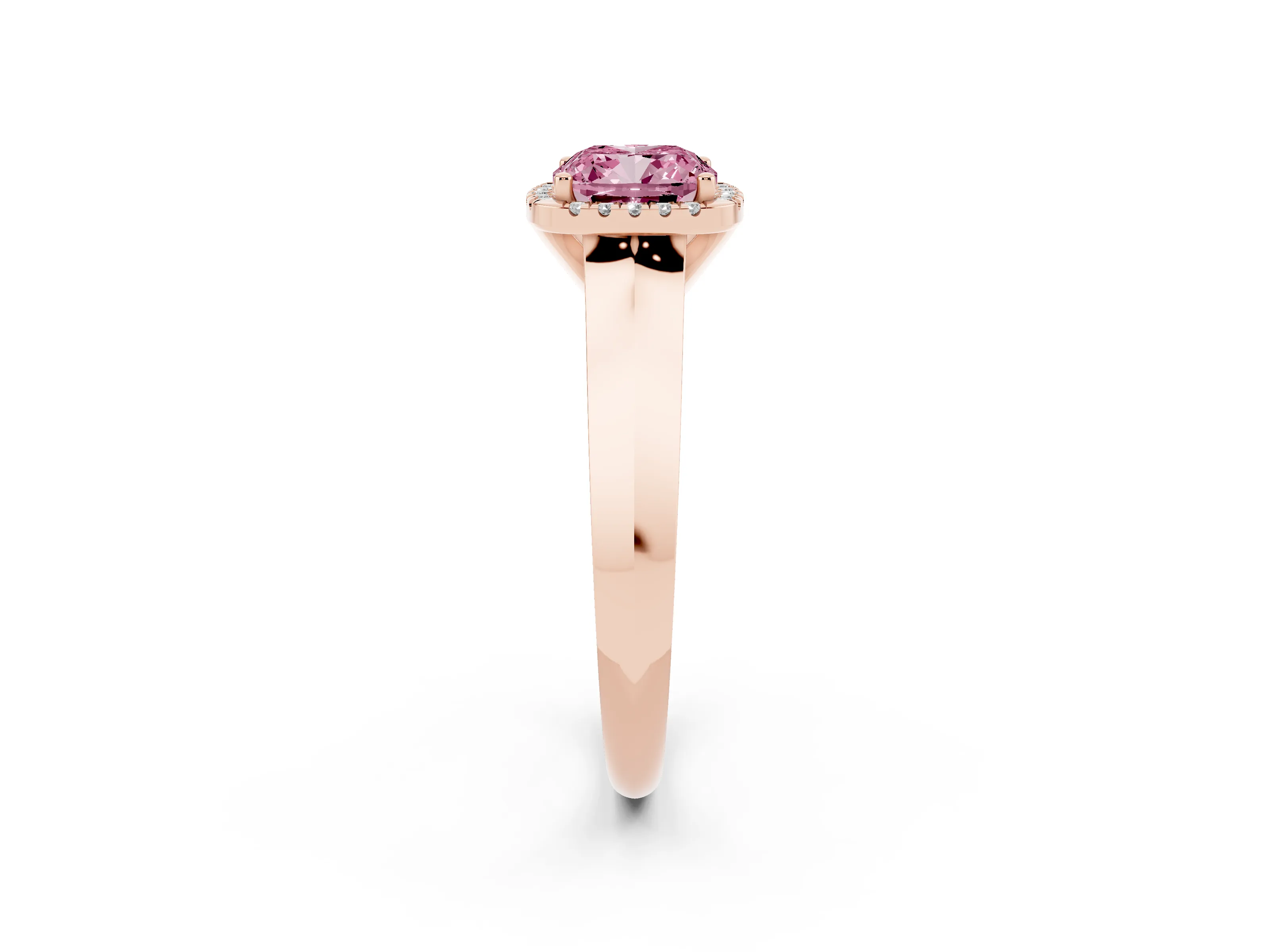 Fancy Pink Cushion Cut Diamond Halo Ring Set in Rose gold with Cathedral Band and Prong Setting