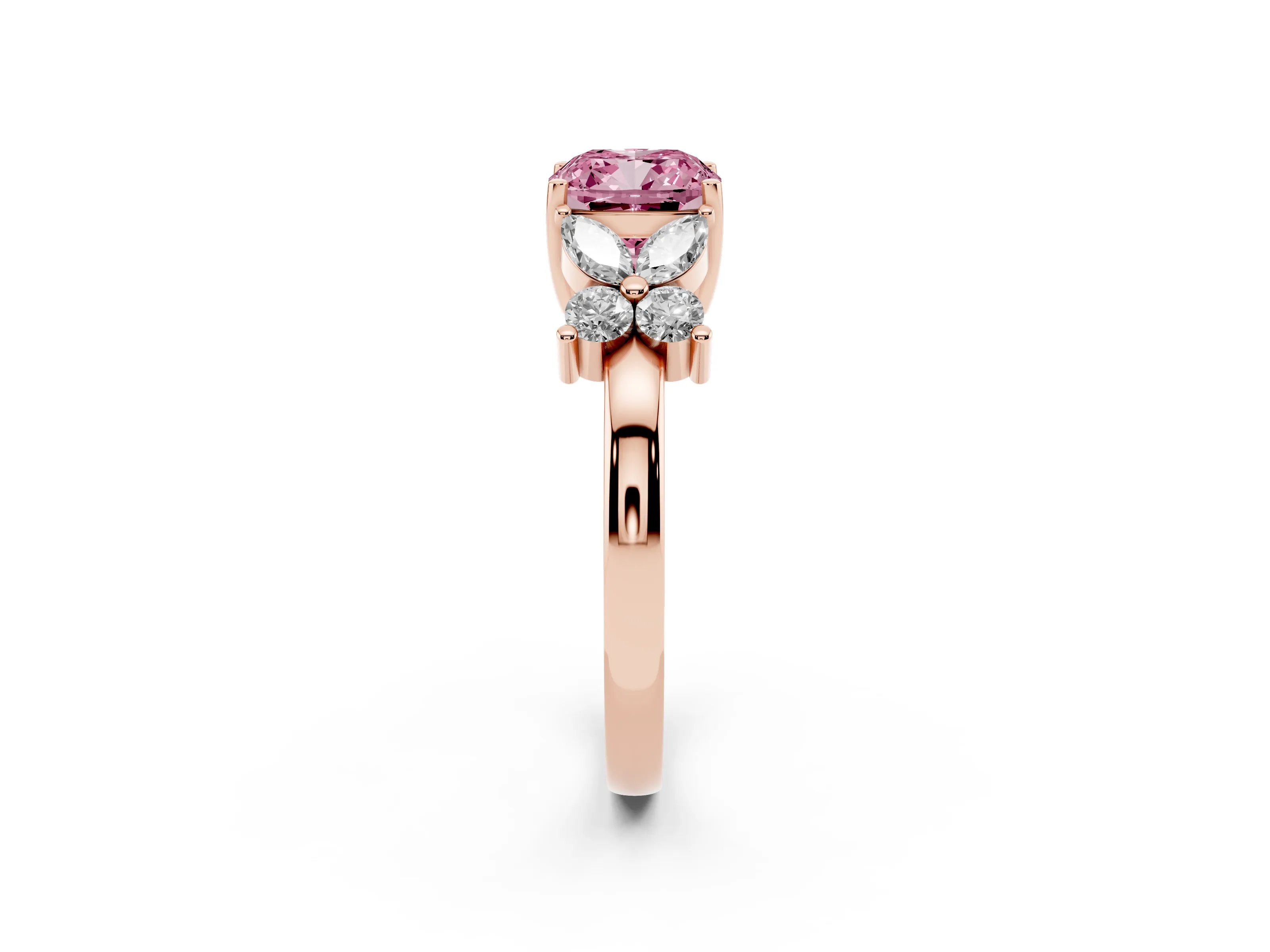 Fancy Pink Cushion Cut Diamond Floral Cluster Ring Set in Rose gold with Marquise Petals and Prong Setting