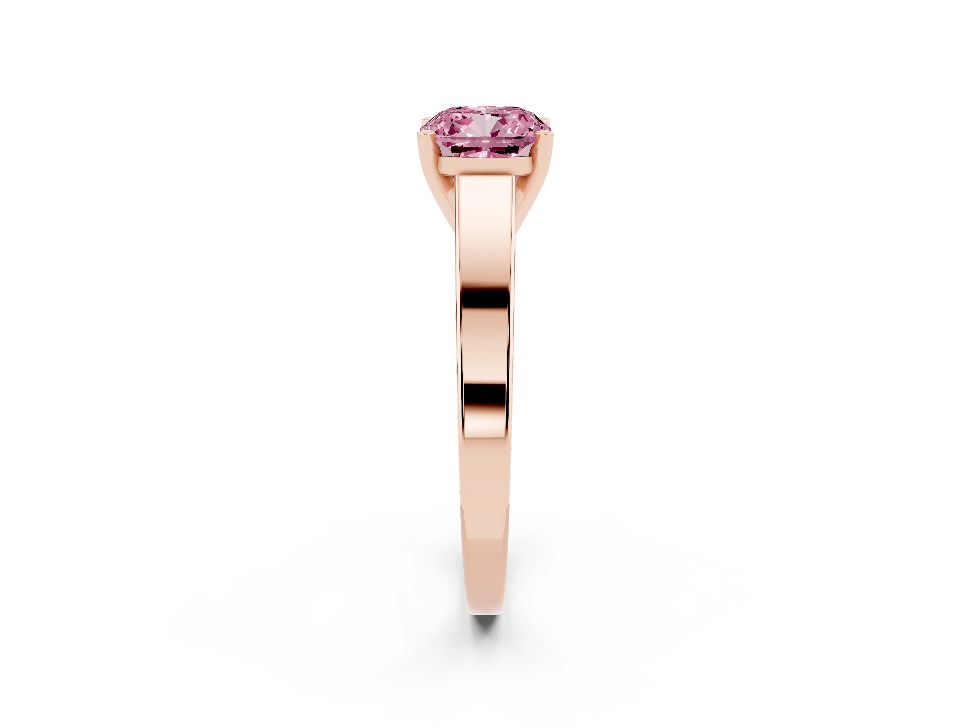 Fancy Pink Cushion Cut Diamond Solitaire Engagement Ring Set in Rose gold with Prong Setting and Tapered Band