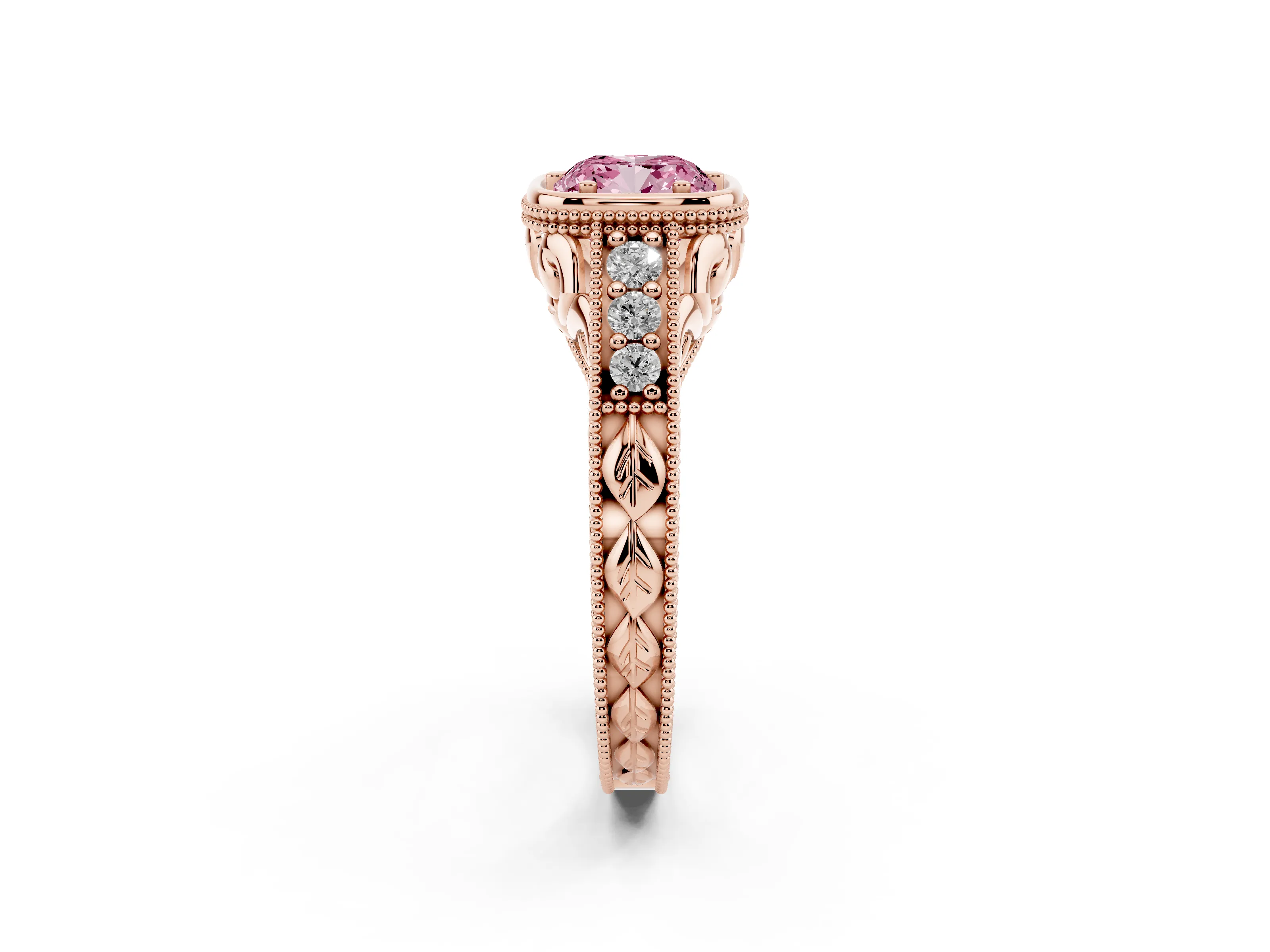 Fancy Pink Bezel Set Cushion Cut Diamond Milgrain Pavé Engagement Ring Set in Rose gold
