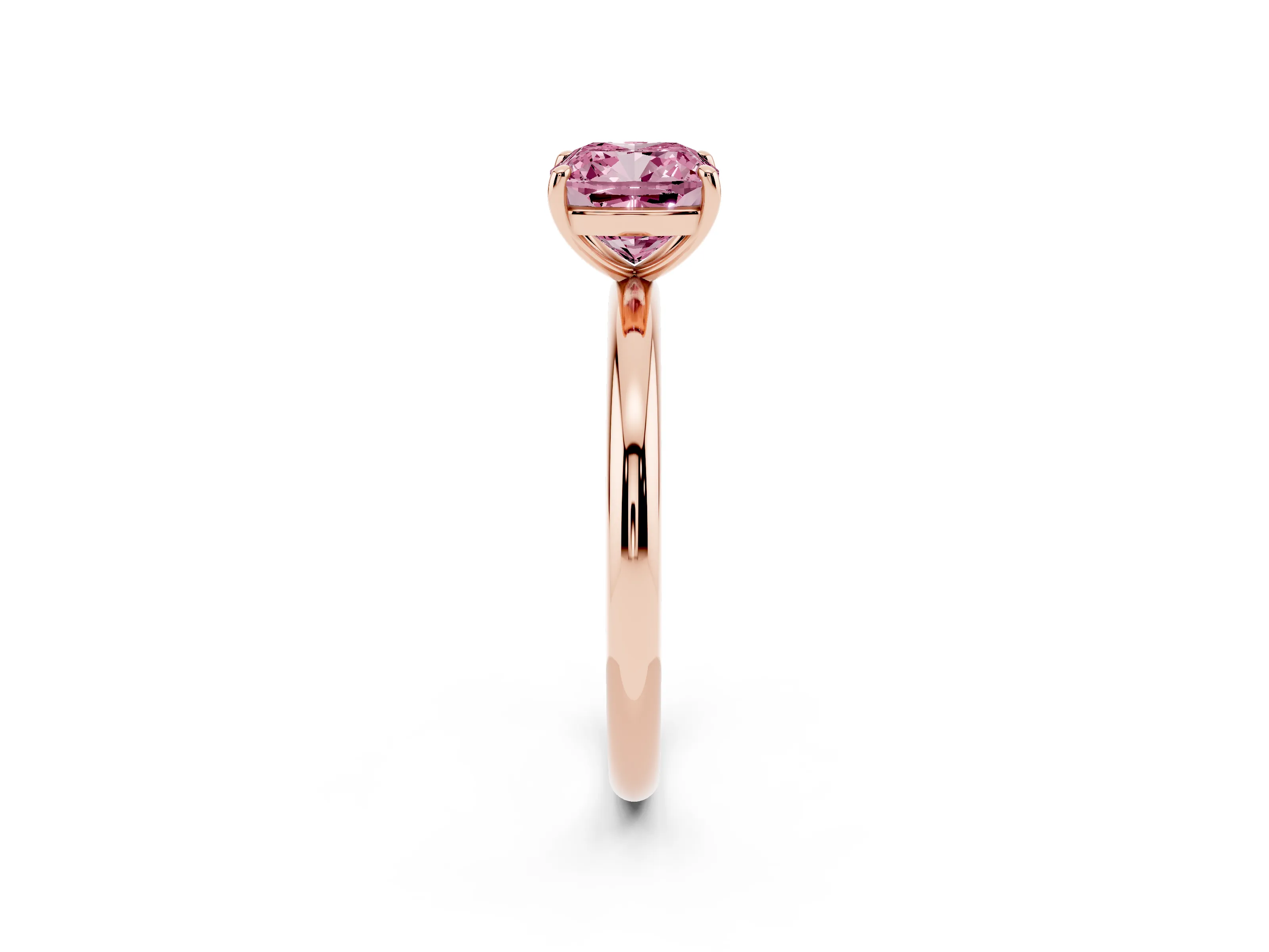 Fancy Pink Cushion Cut Diamond Solitaire Ring Set in Rose gold with Prong Setting on a Polished Plain Band