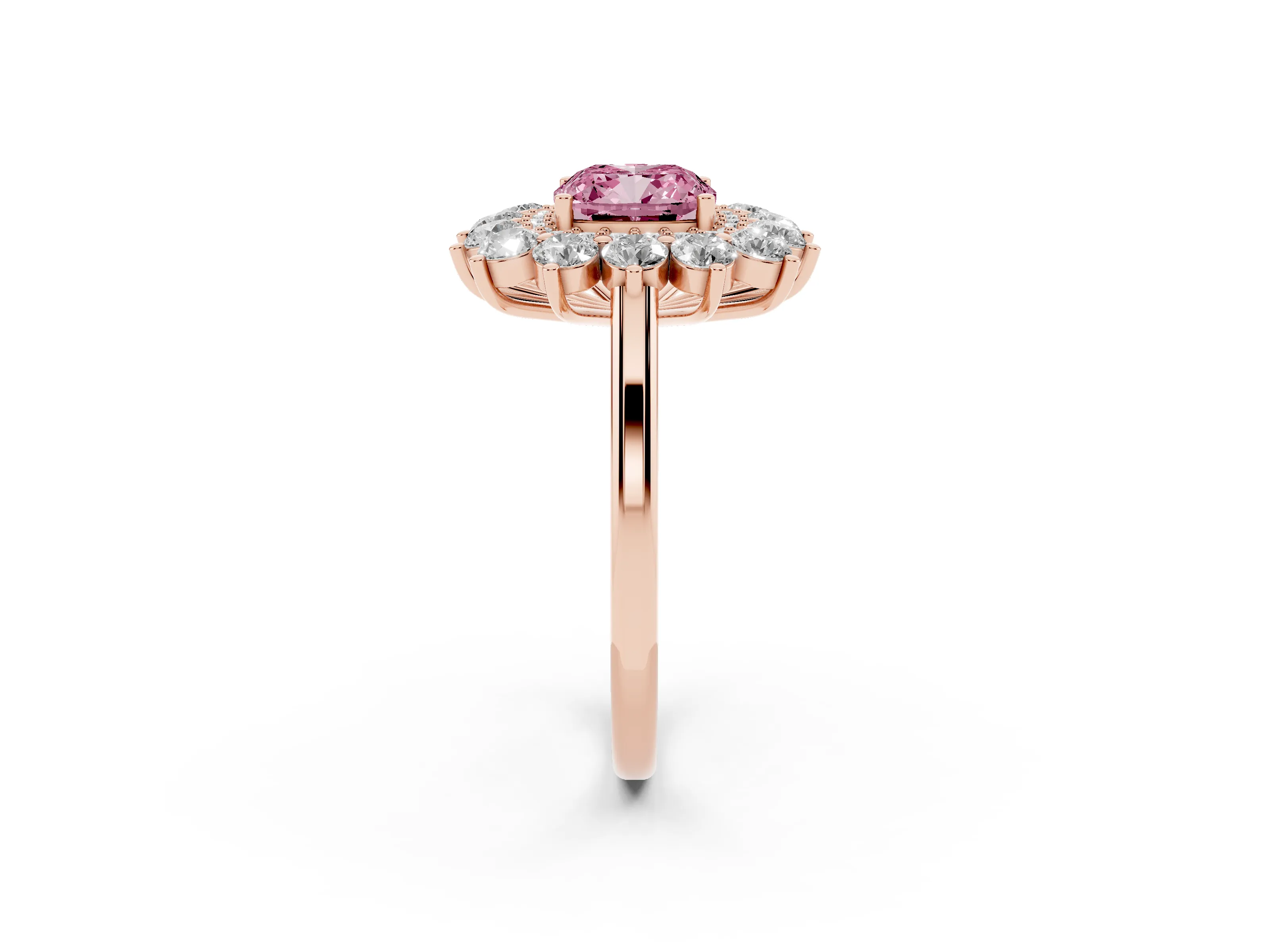 Fancy Pink Cushion Cut Diamond Floral Double Halo Ring Set in Rose gold with Round Petals