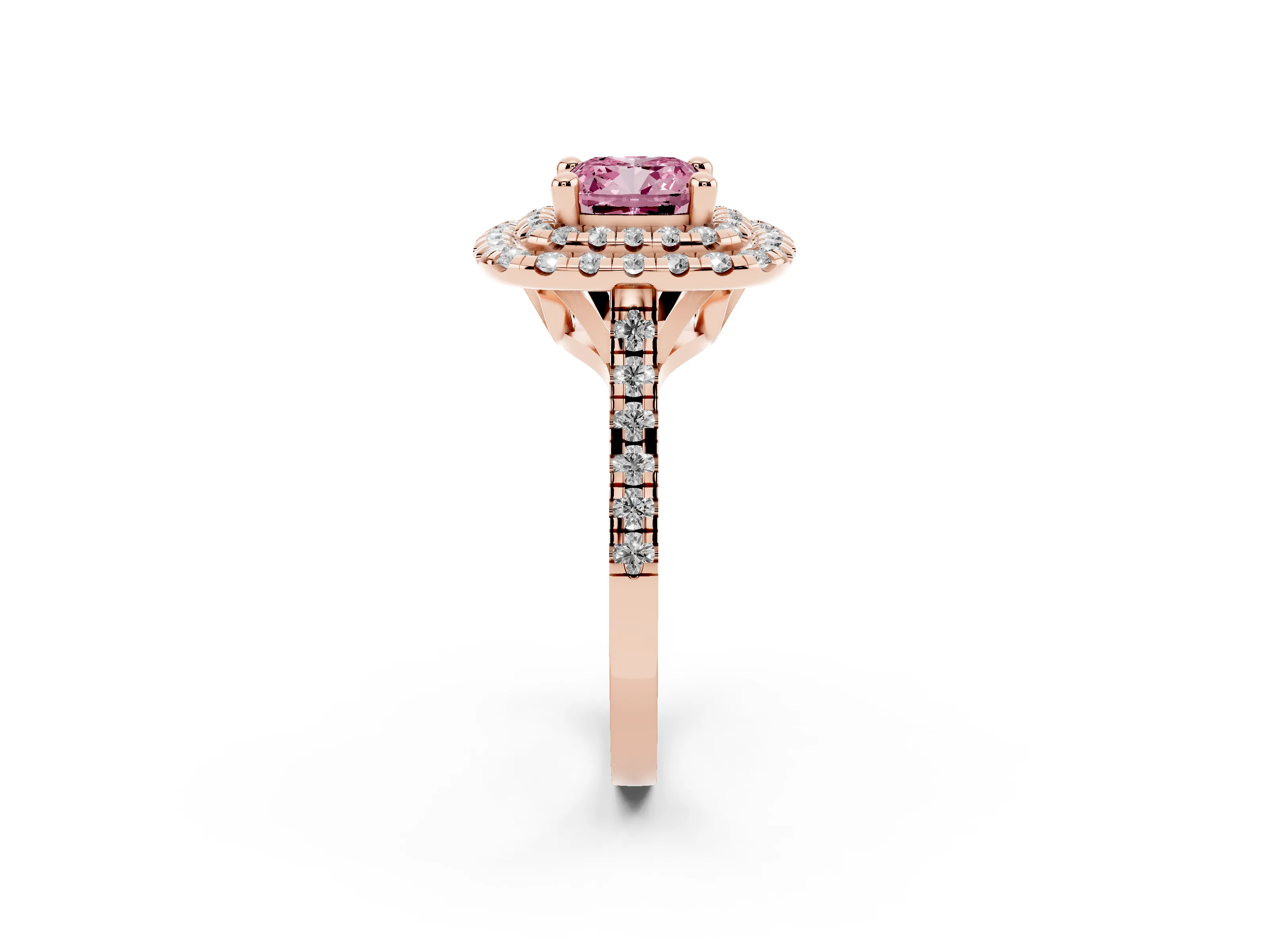 Fancy Pink Cushion Cut Diamond Double Halo Statement Ring Set in Rose gold with Pavé Band