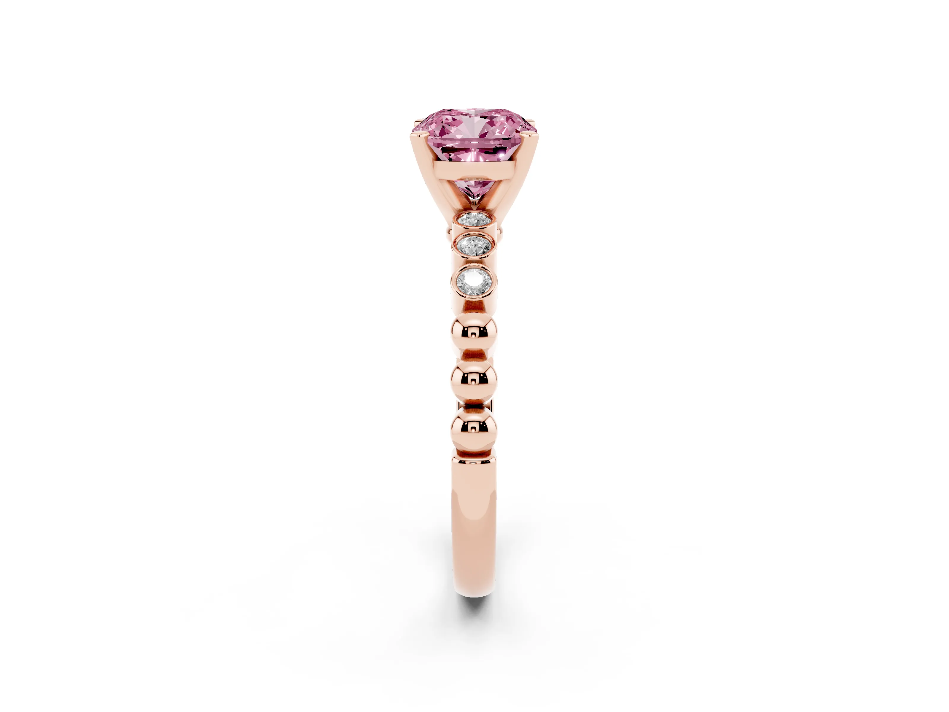 Fancy Pink Cushion Cut Diamond Solitaire Engagement Ring Set in Rose gold with Bezel Accents on Beaded Band