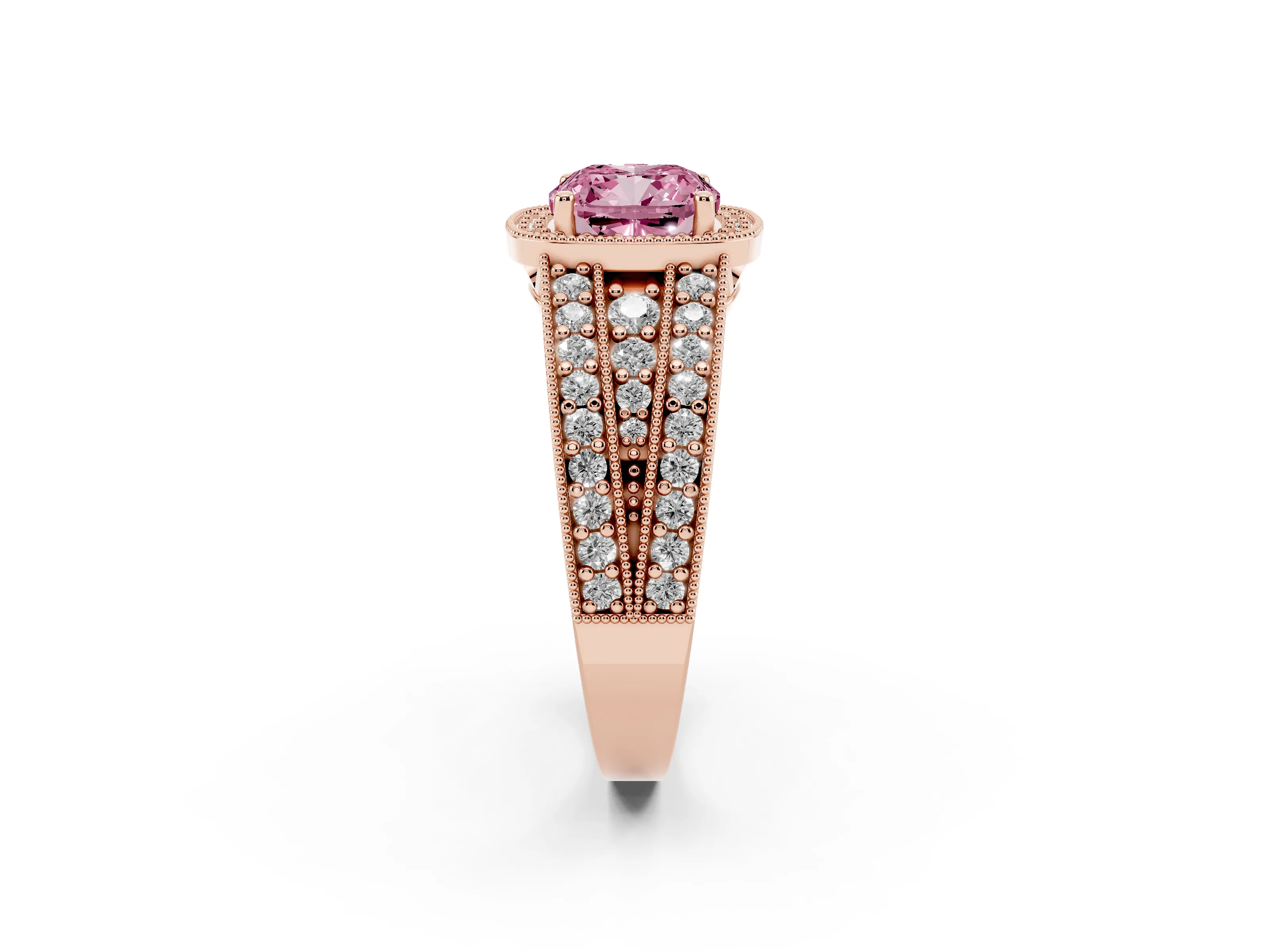 Fancy Pink Cushion Cut Diamond Halo Ring Set in Rose gold with Accent Split Shank and Prong Setting