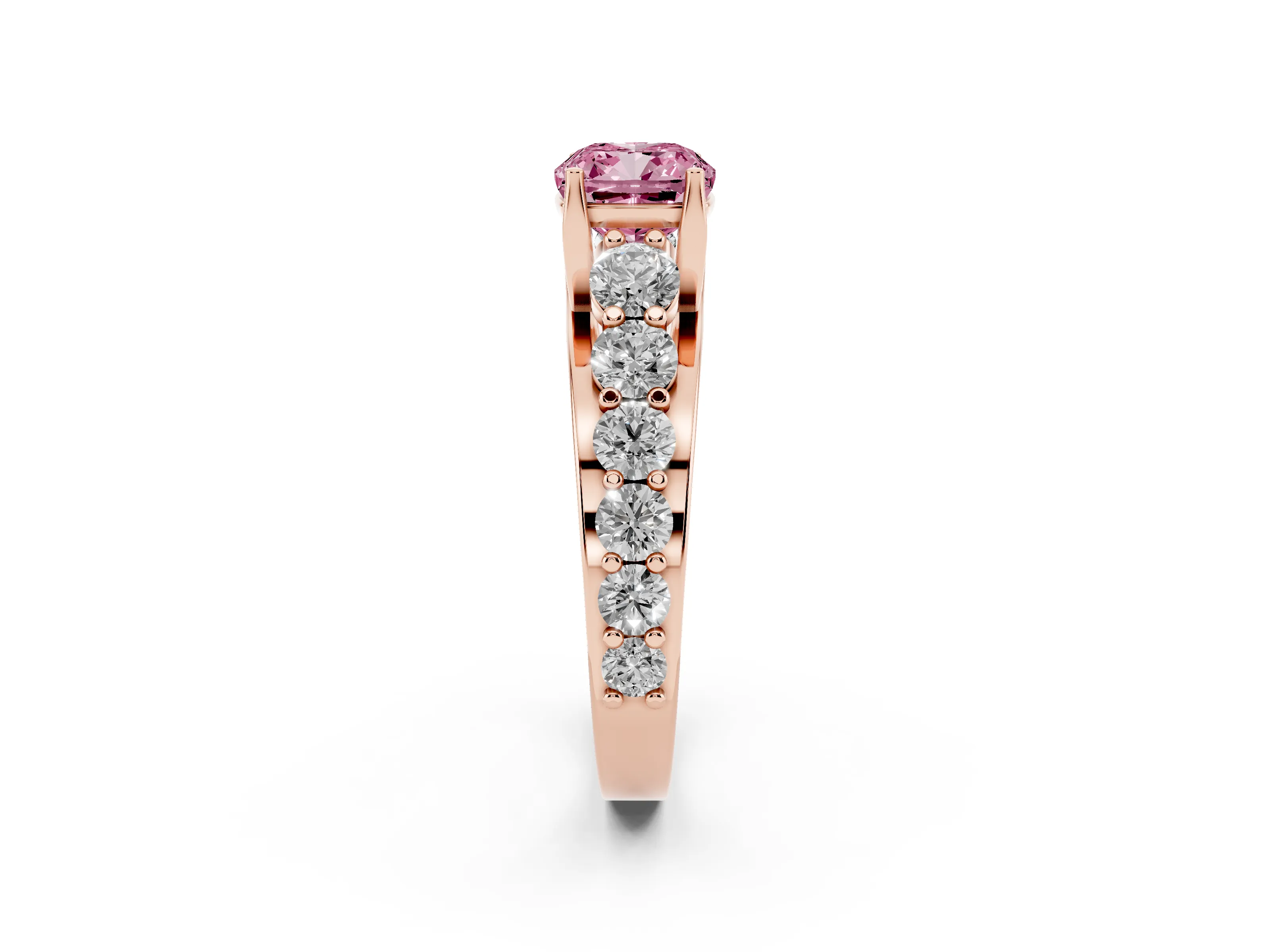 Fancy Pink Cushion Cut Diamond Pavé Engagement Ring Set in Rose gold with Prong Setting