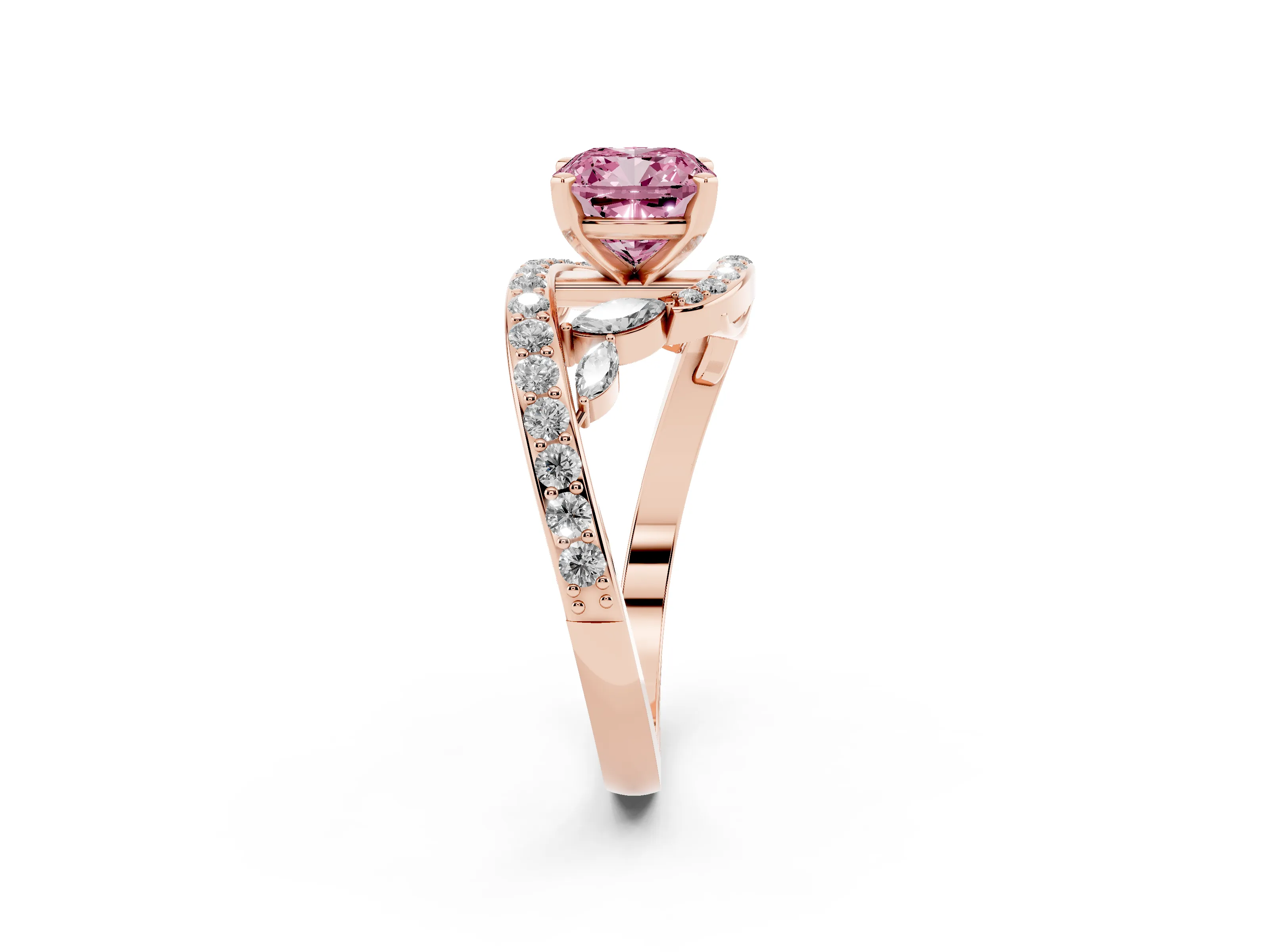 Fancy Pink Cushion Cut Diamond Solitaire Ring Set in Rose gold with Pavé Twist Band and Secure Prong Setting
