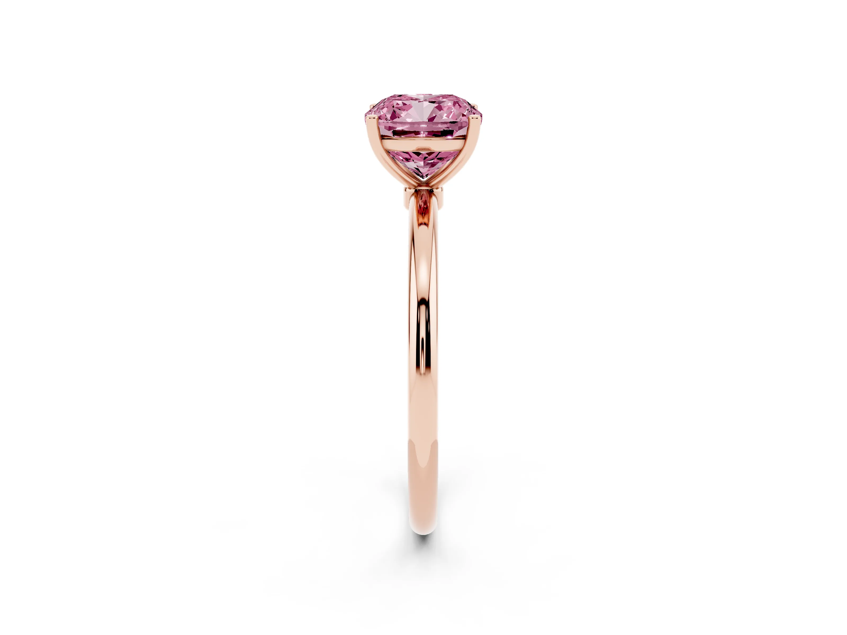 Fancy Pink Cushion Cut Diamond Solitaire Engagement Ring Set in Rose gold with Thin Band and Prong Setting