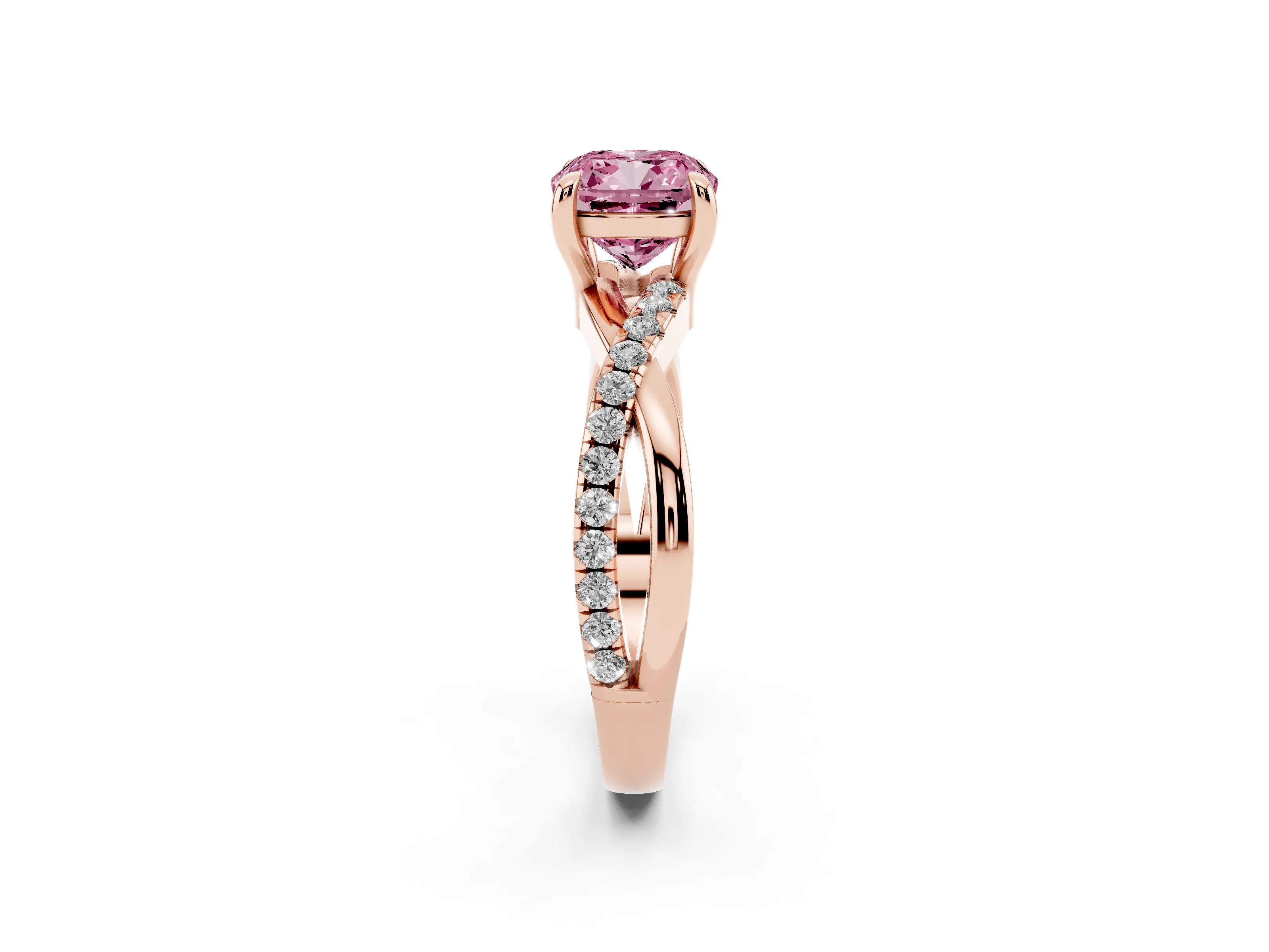 Fancy Pink Cushion Cut Diamond Twist Band Pavé Solitaire Ring Set in Rose gold with Prong Setting