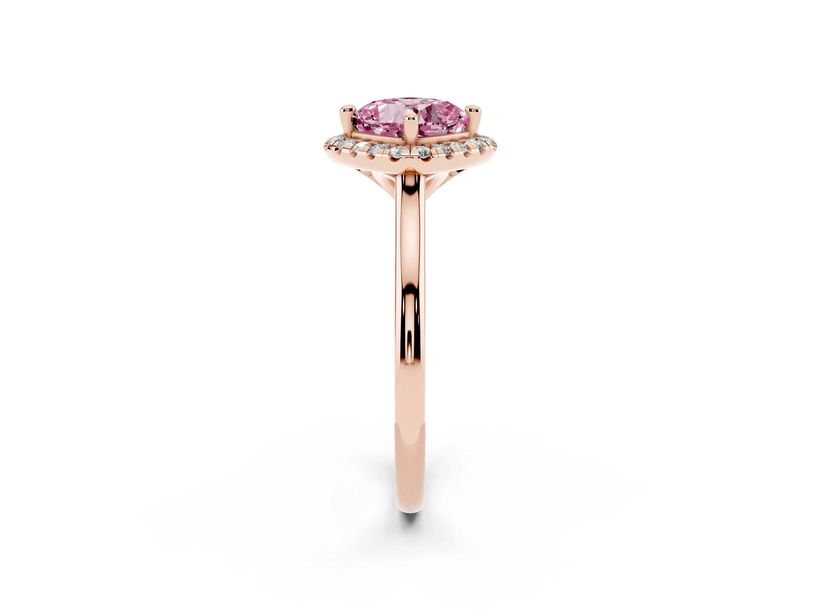Fancy Pink Cushion Cut Diamond Halo Engagement Ring Set in Rose gold with Pavé Band and Rising Shoulders