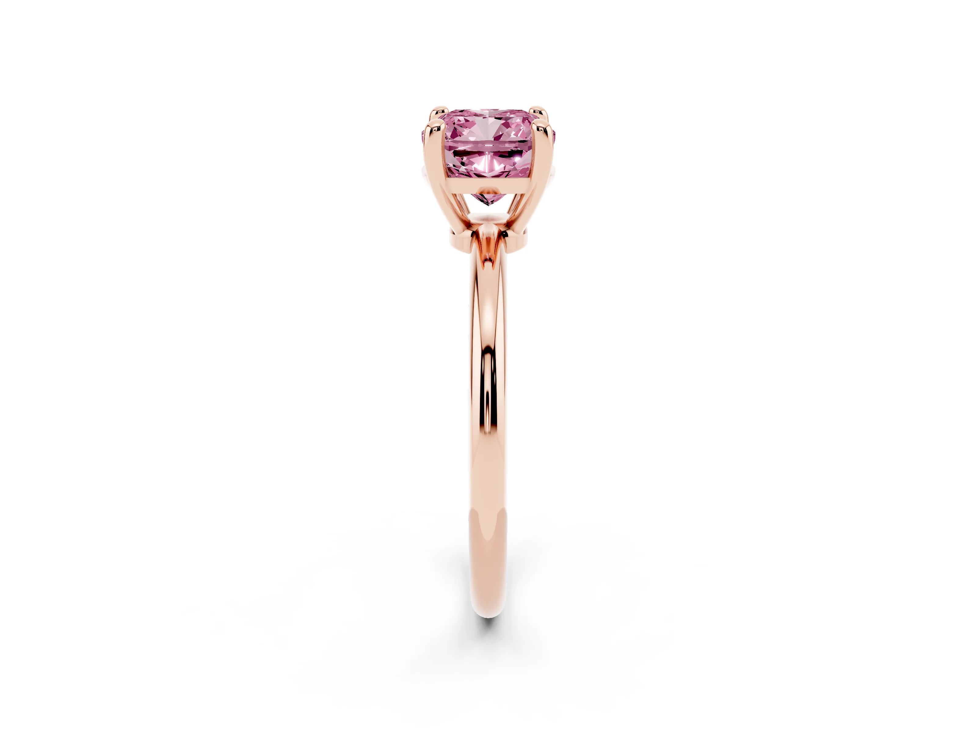 Fancy Pink Cushion Cut Diamond Solitaire Ring Set in Rose gold with Secure Prong Setting on a Classic Band