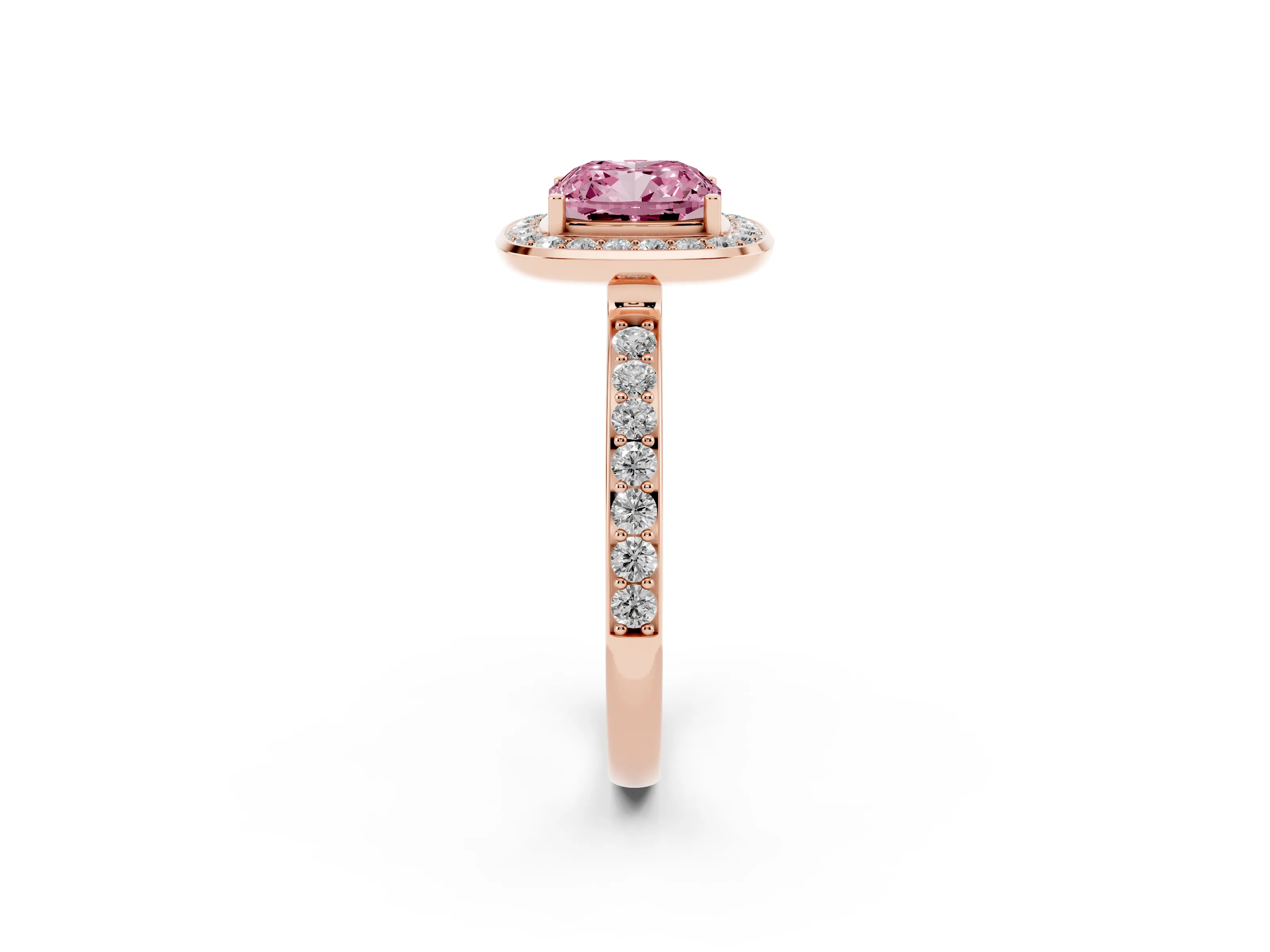 Fancy Pink Cushion Cut Diamond Halo Ring Set in Rose gold with Bezel Frame and Pavé Band