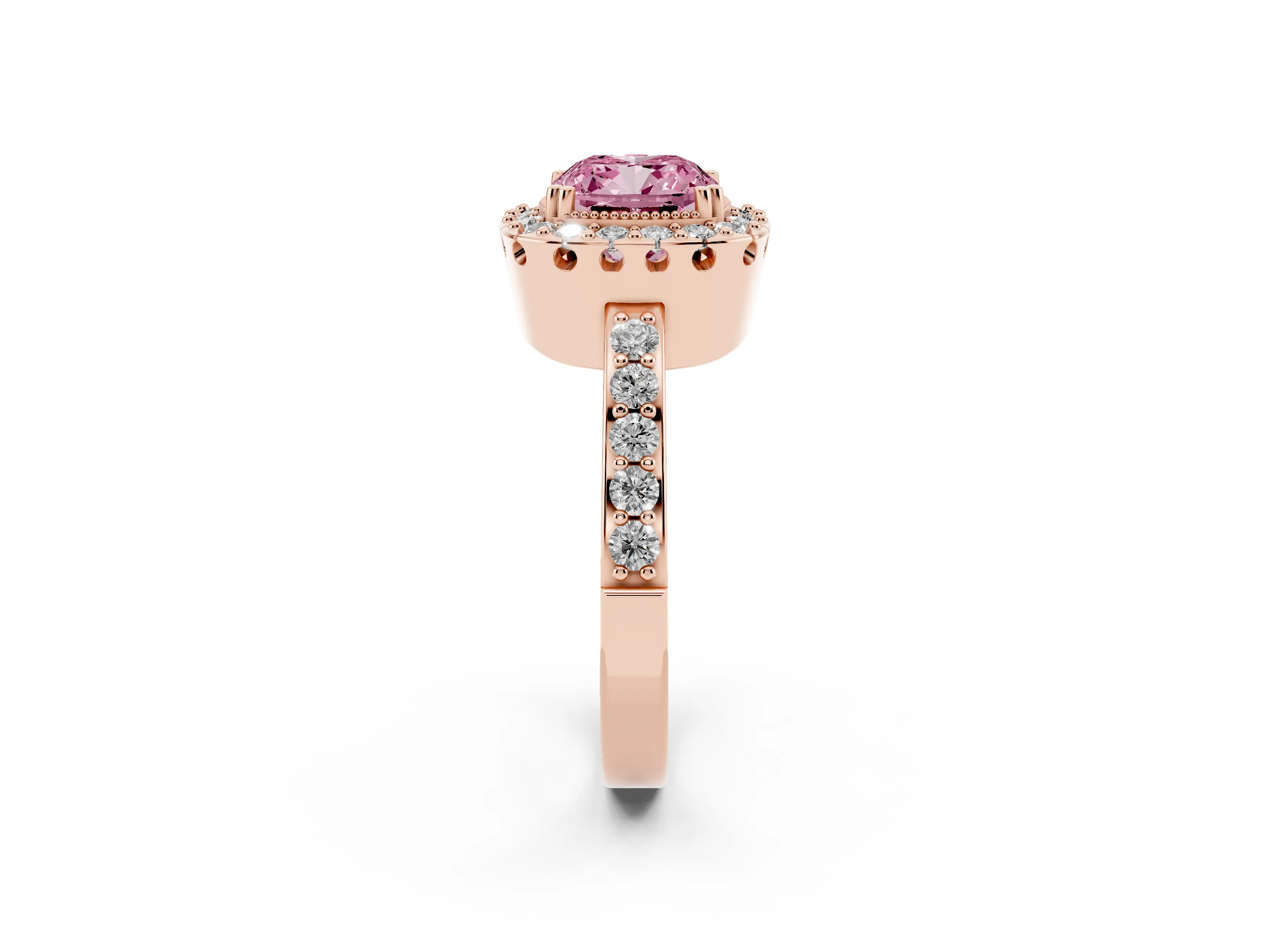 Fancy Pink Cushion Cut Diamond Halo Ring Set in Rose gold with Pavé Shank and Prong Setting