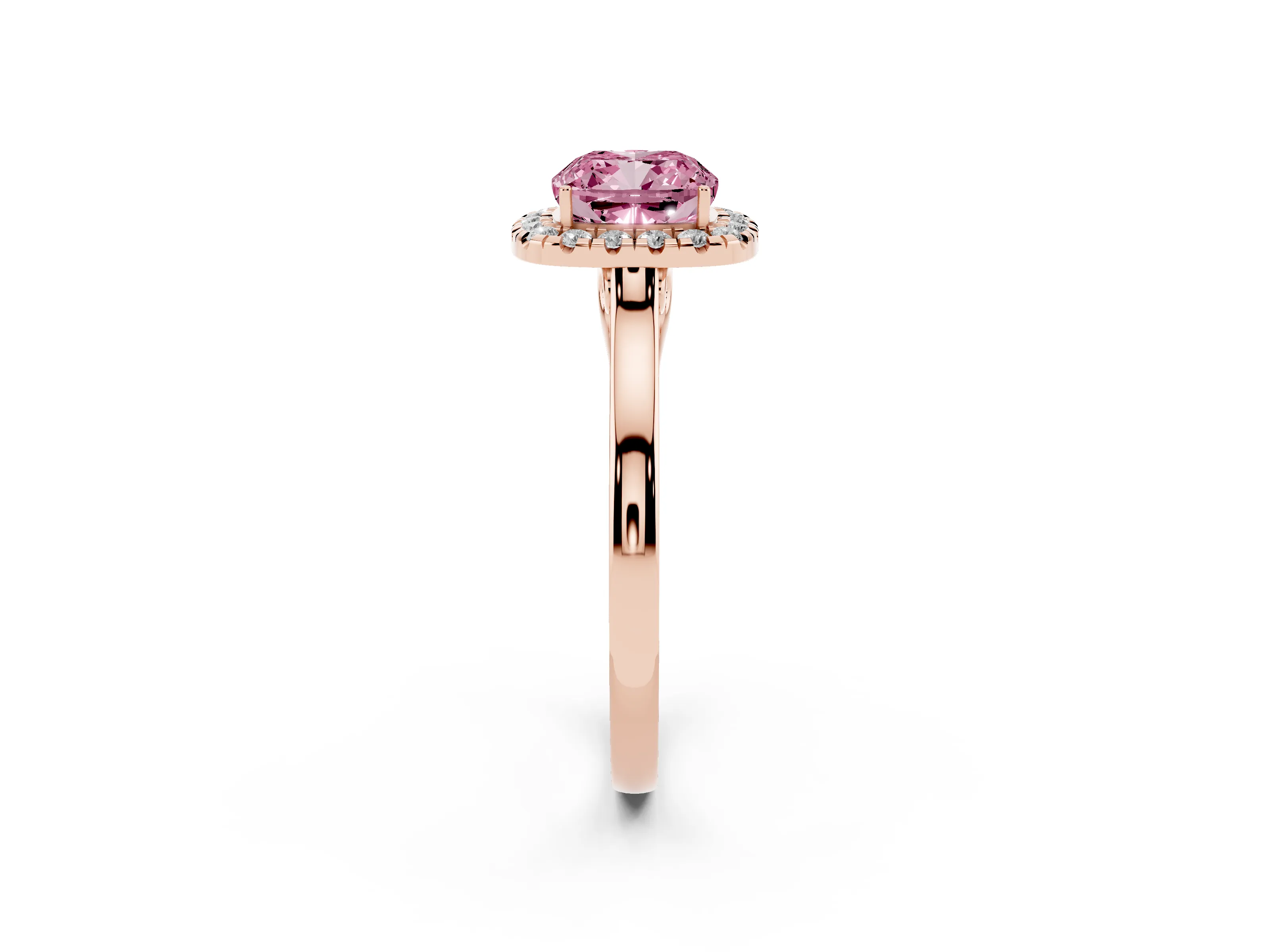 Fancy Pink Cushion Cut Halo Round Diamond Solitaire Ring Set in Rose gold with Pavé Band and Prong Setting