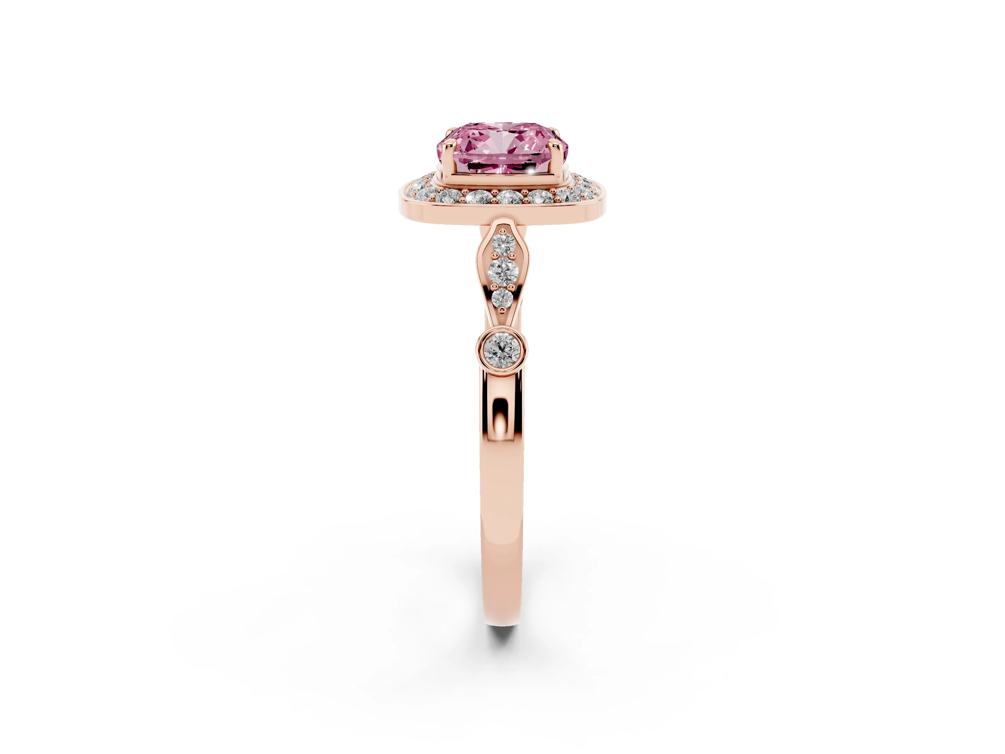 Fancy Pink Cushion Cut Diamond Halo Engagement Ring Set in Rose gold with Twisted Band and Prong Setting
