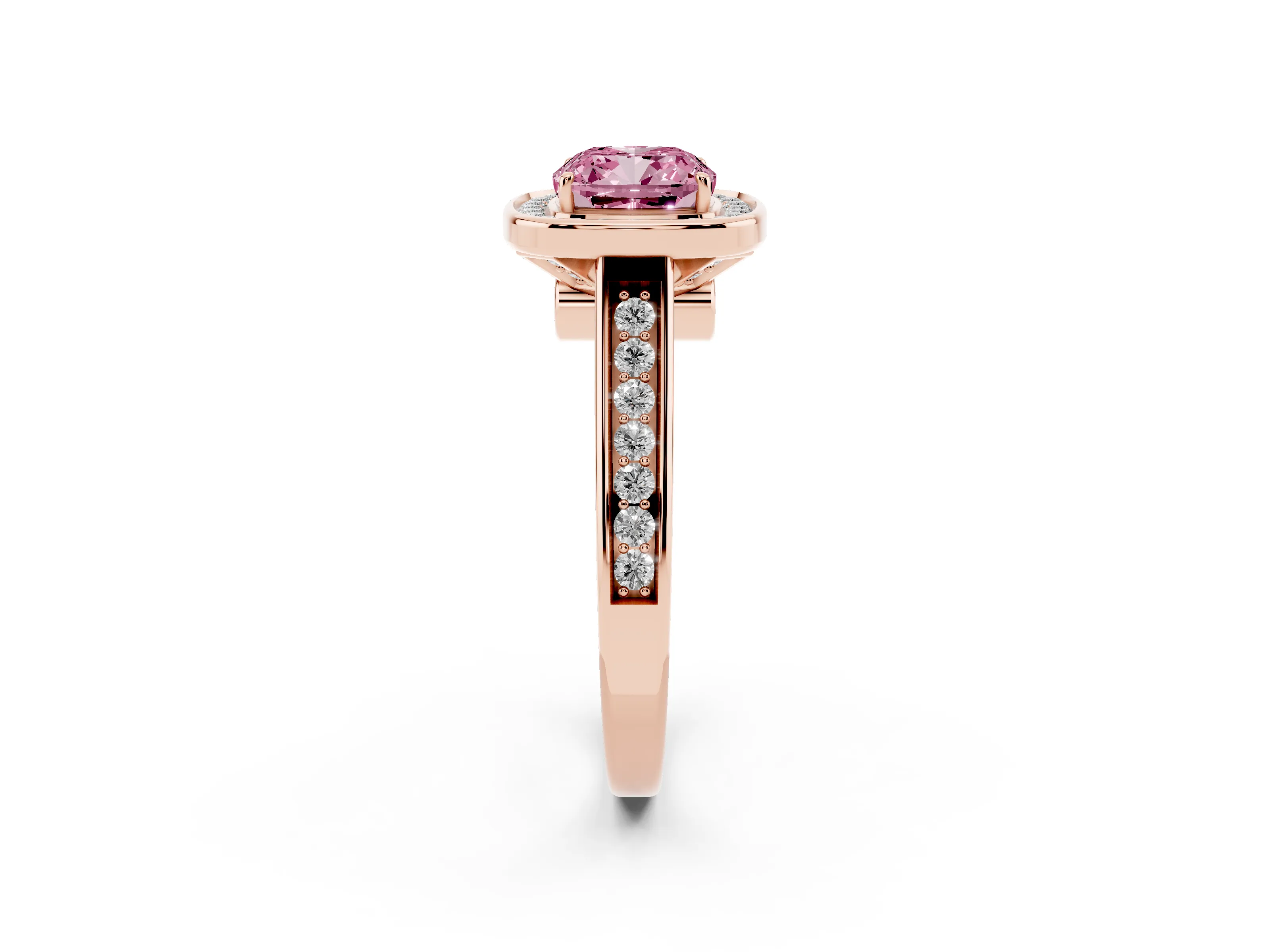 Fancy Pink Cushion Cut Diamond Halo Solitaire Ring Set in Rose gold with Pavé Band and Bezel Setting