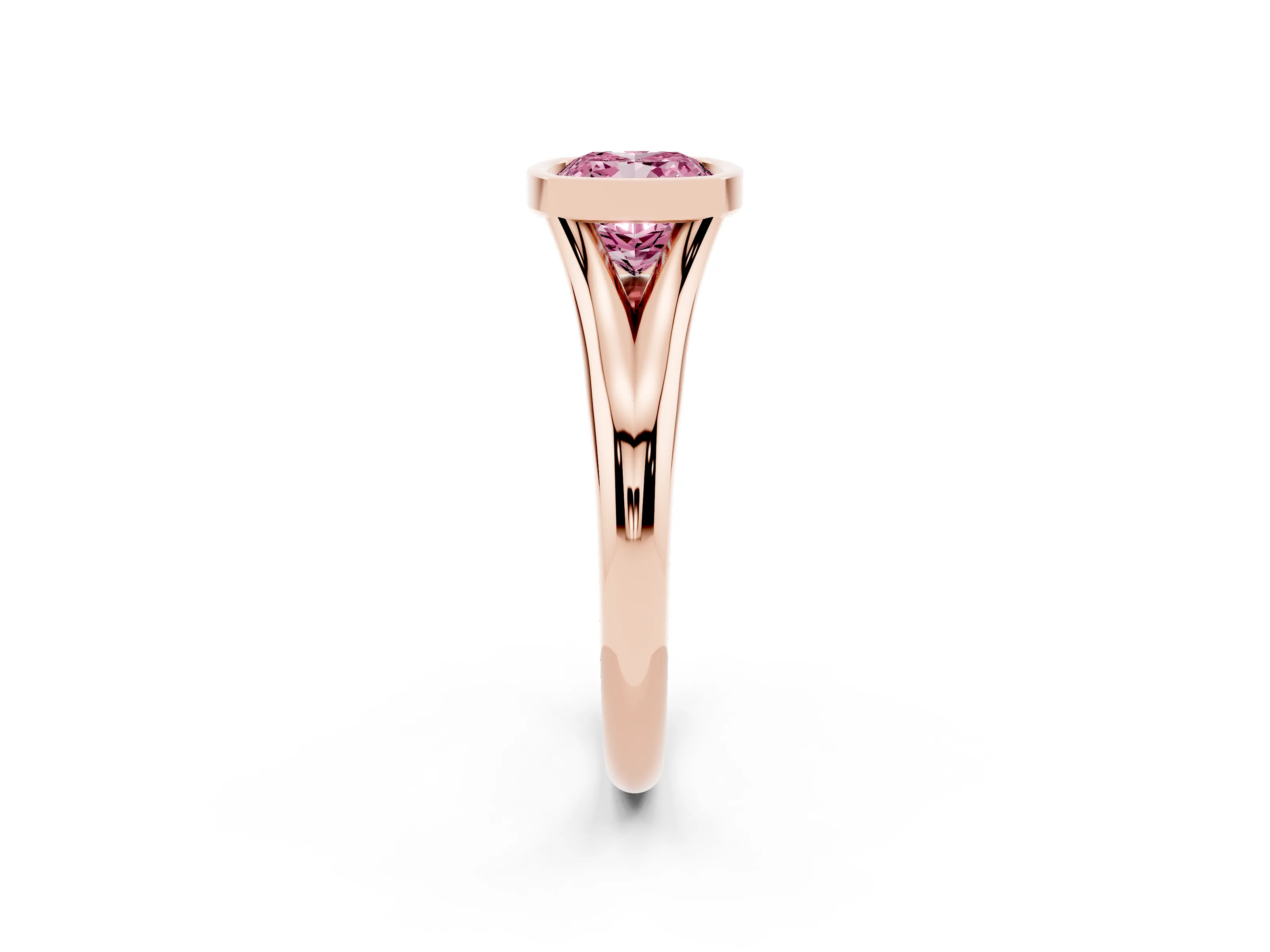 Fancy Pink Bezel Set Cushion Cut Diamond Solitaire Ring Set in Rose gold with Smooth Band