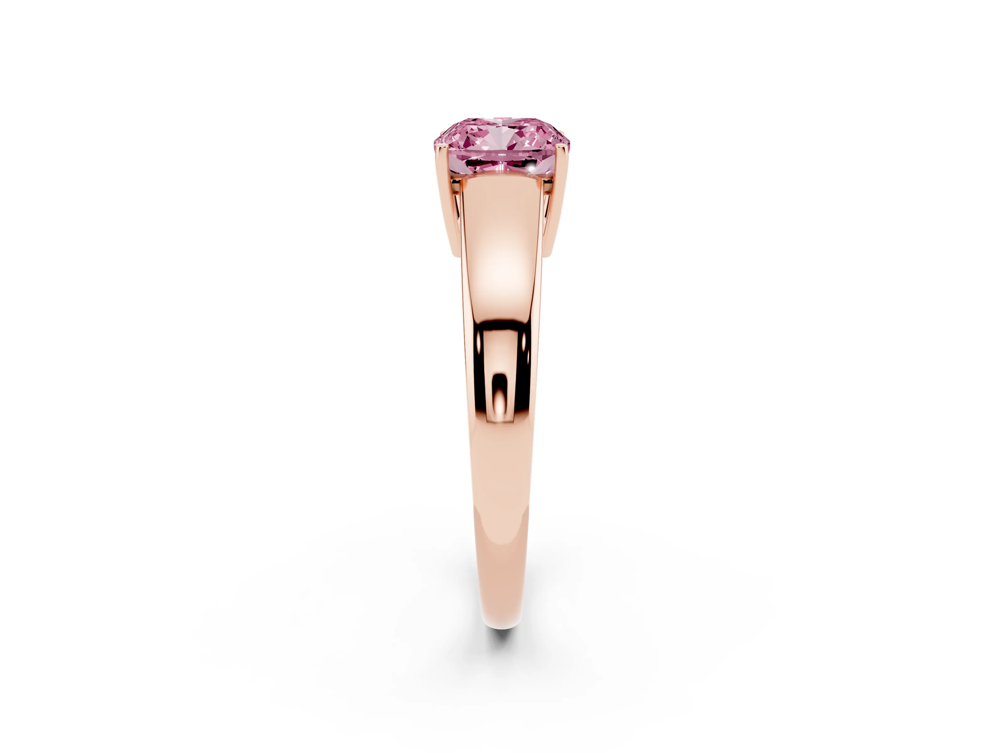 Fancy Pink Cushion Cut Diamond Solitaire Ring Set in Rose gold with Tapered Band and Prong Setting