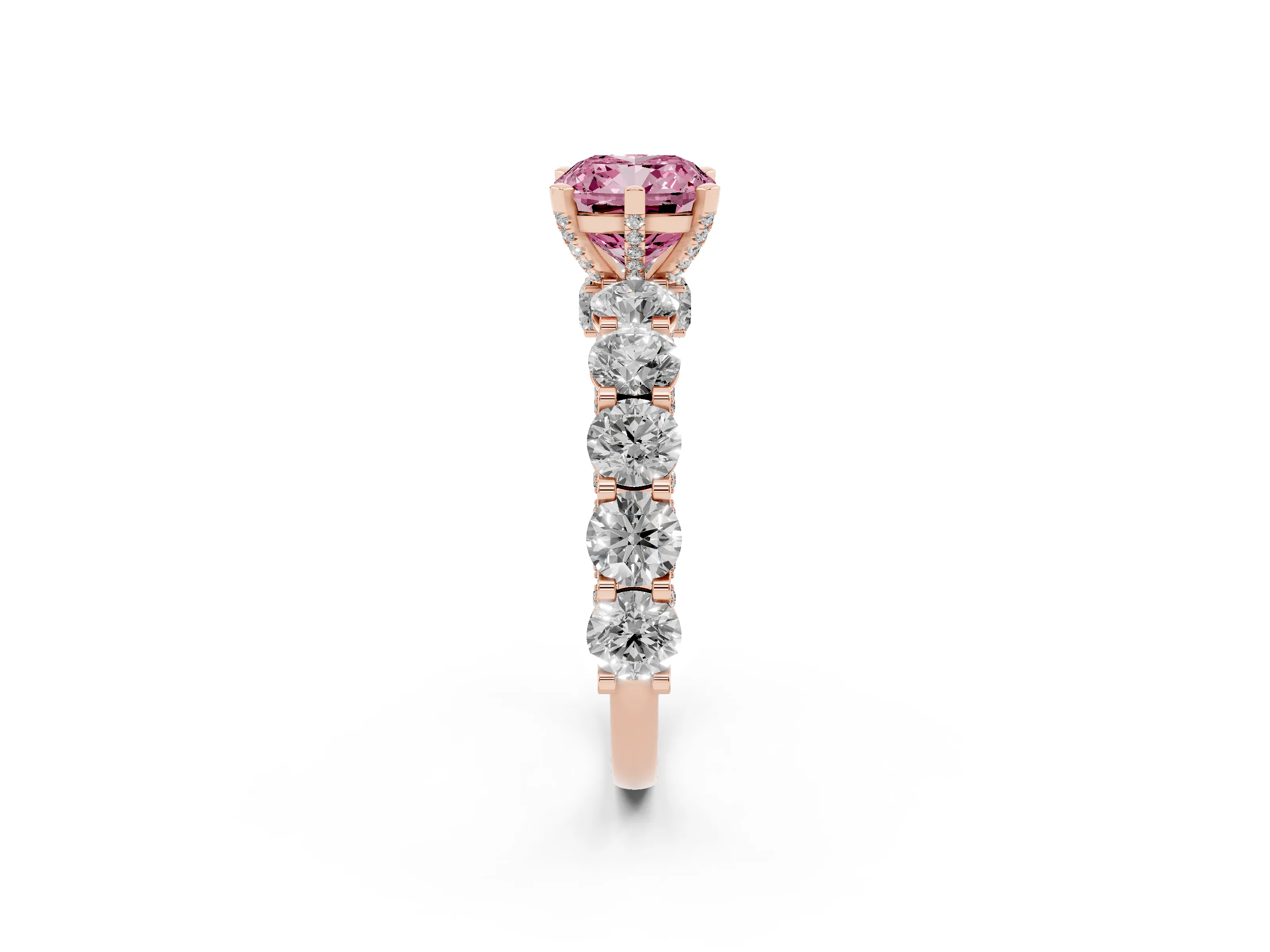 Fancy Pink Cushion Cut Diamond Side Stone Ring Set in Rose gold with Alternating Round and Oval Side Stones