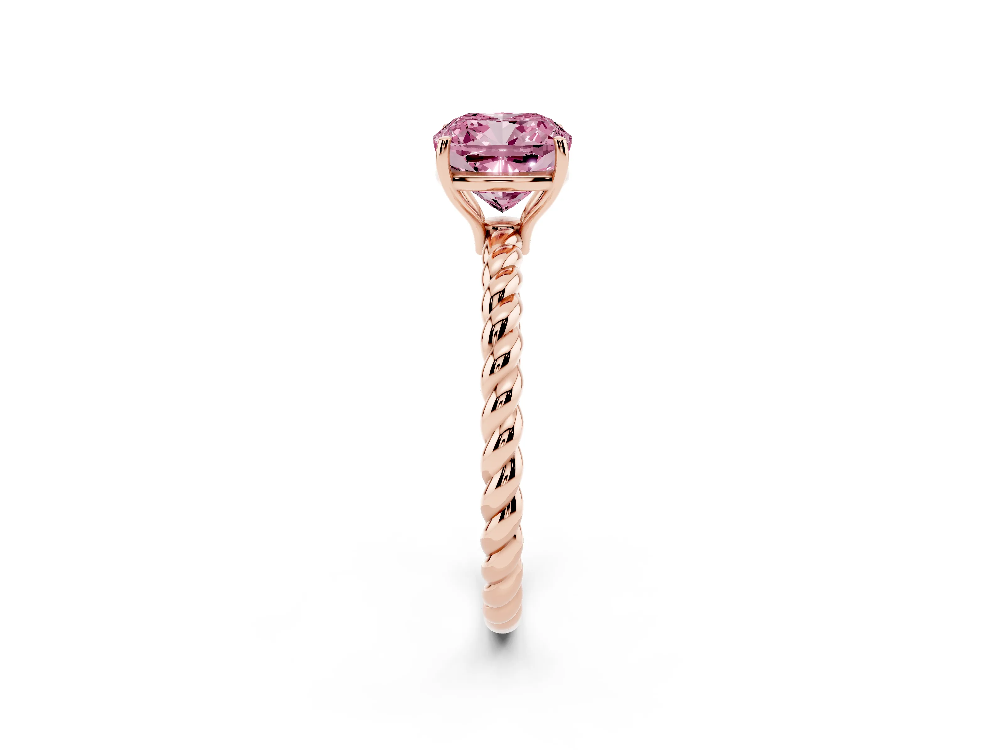 Fancy Pink Cushion Cut Diamond Solitaire Ring Set in Rose gold with Twist Band and Prong Setting