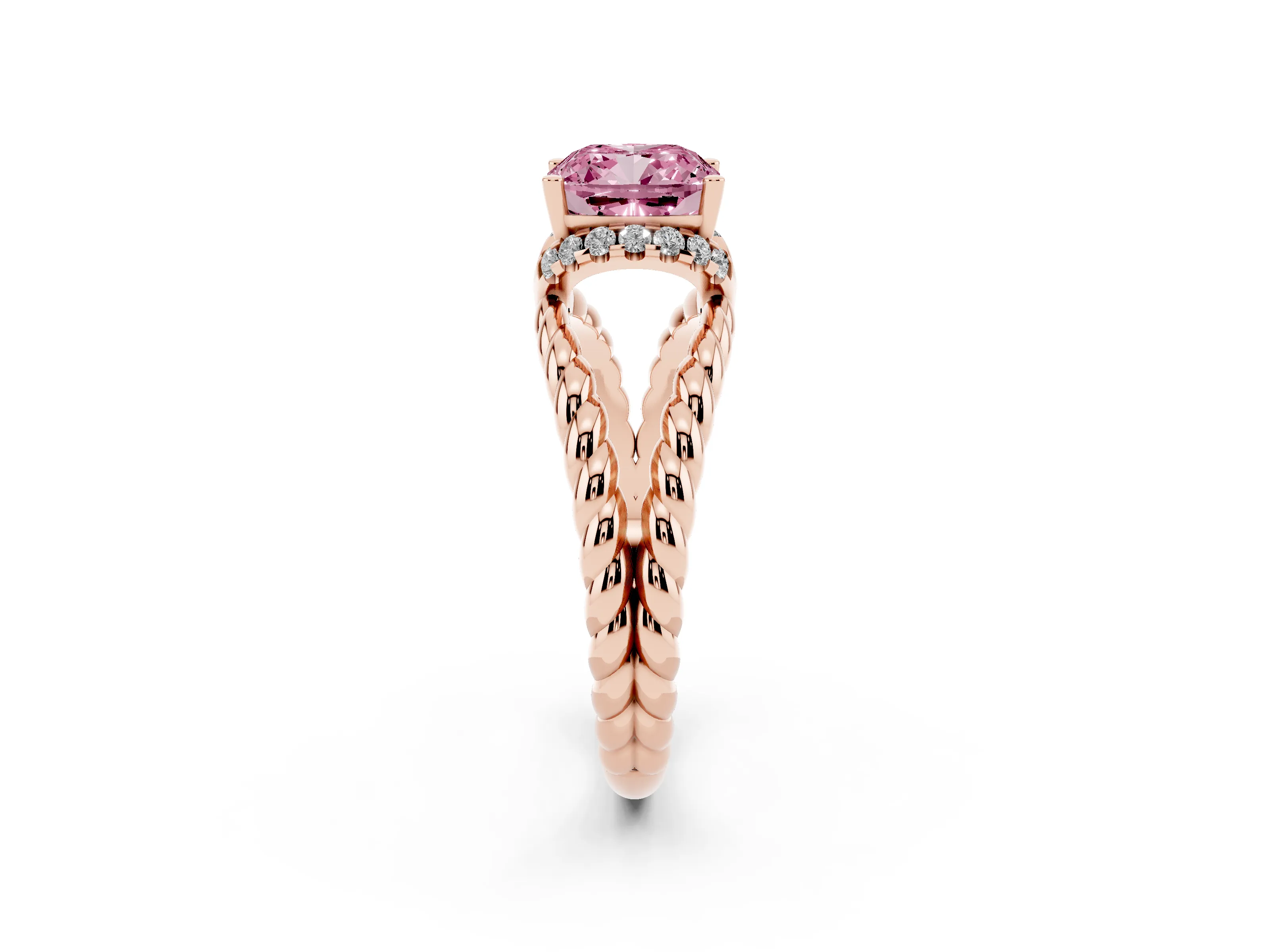 Fancy Pink Cushion Cut Diamond Halo Ring Set in Rose gold with Twisted Band and Prong Setting