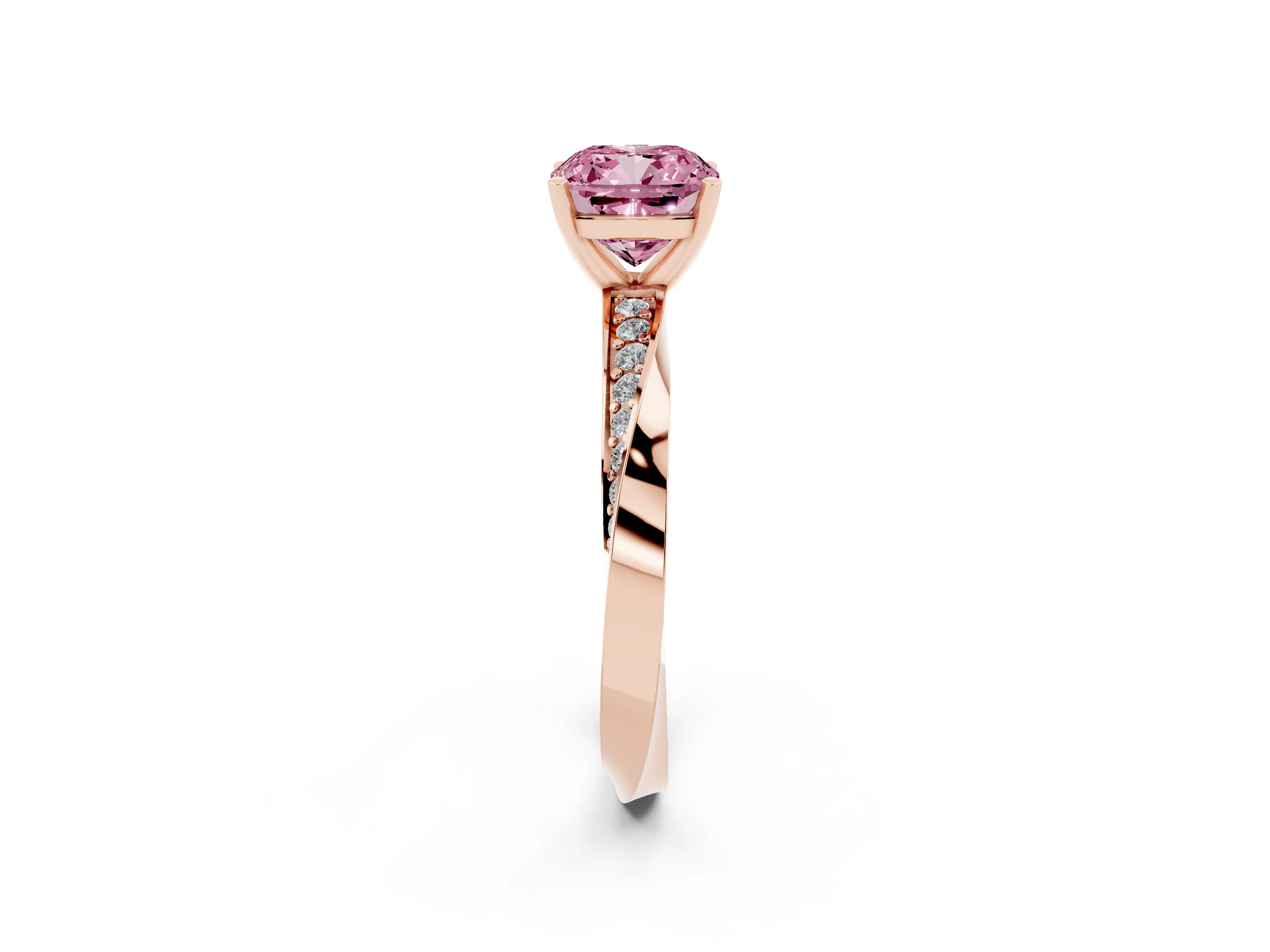 Fancy Pink Cushion Cut Diamond Engagement Ring Set in Rose gold with Side Stone Accents and Prong Setting