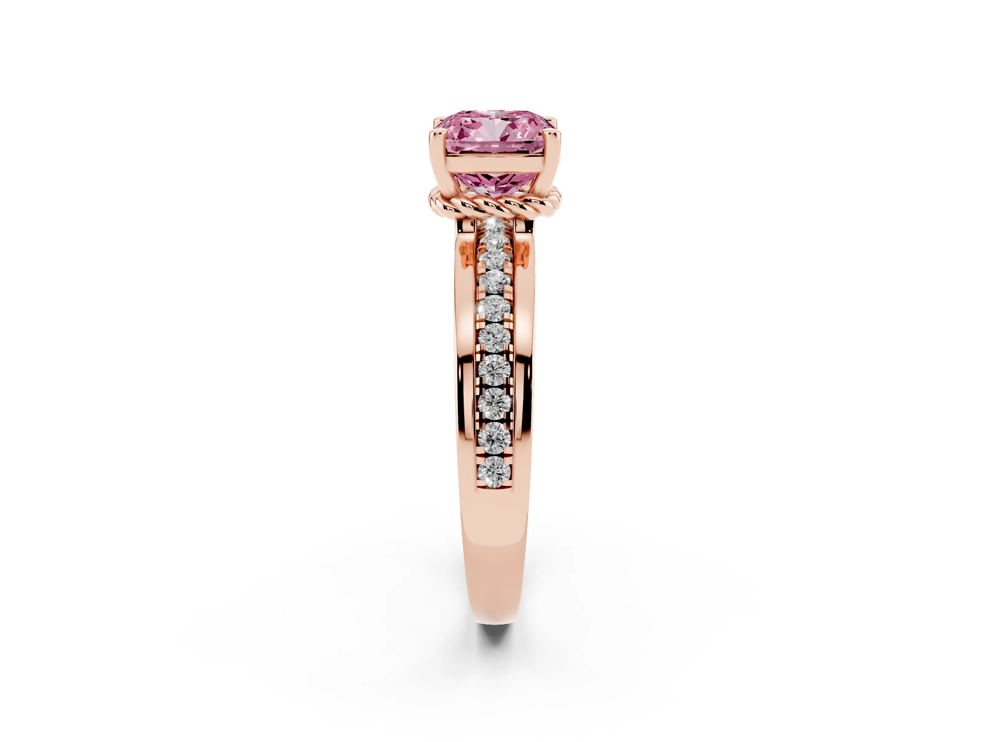 Fancy Pink Cushion Cut Diamond Solitaire Ring Set in Rose gold with Channel Set Band and Prong Setting