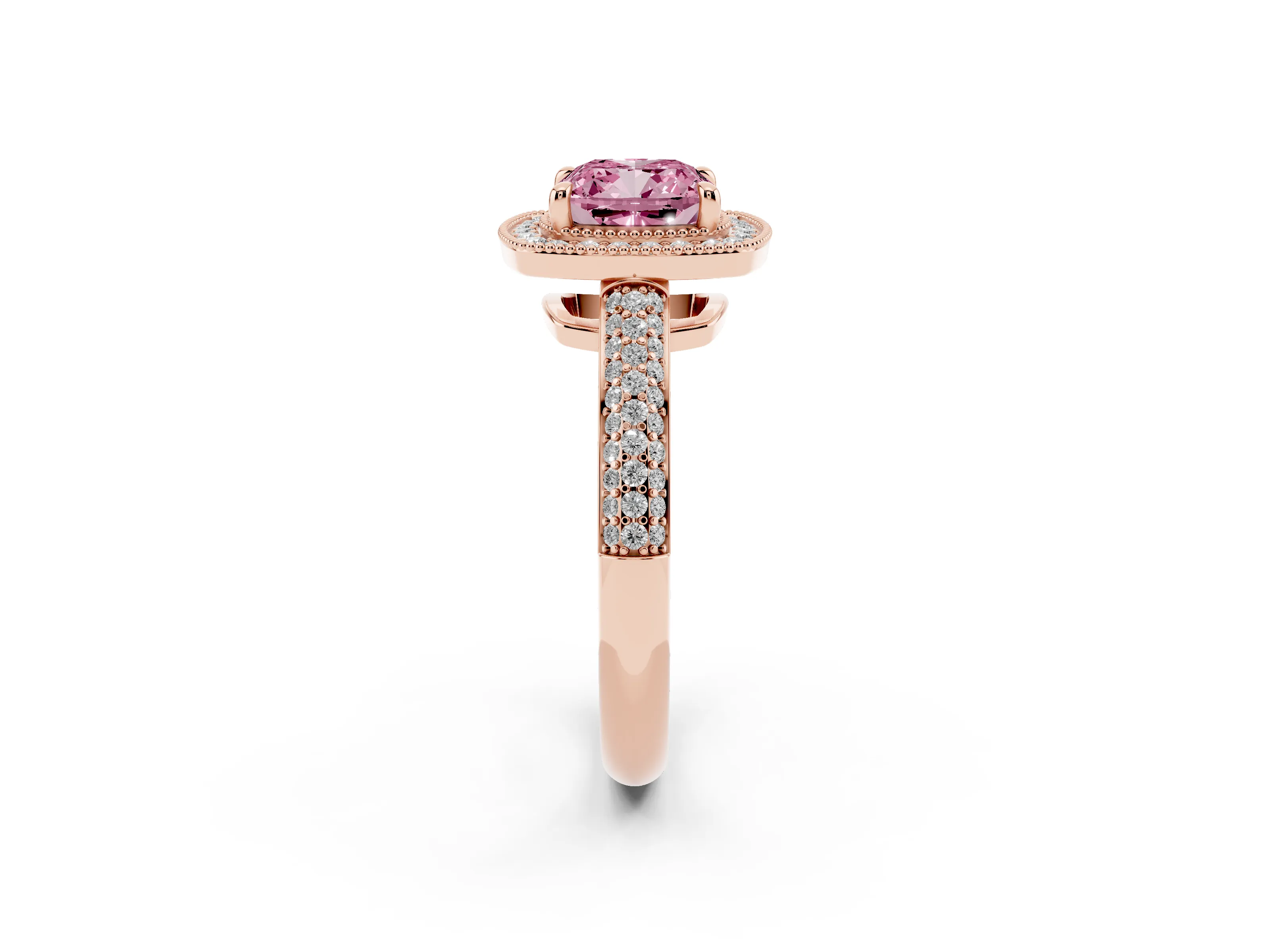 Fancy Pink Cushion Cut Diamond Halo Pavé Band Set in Rose gold with Prong Setting