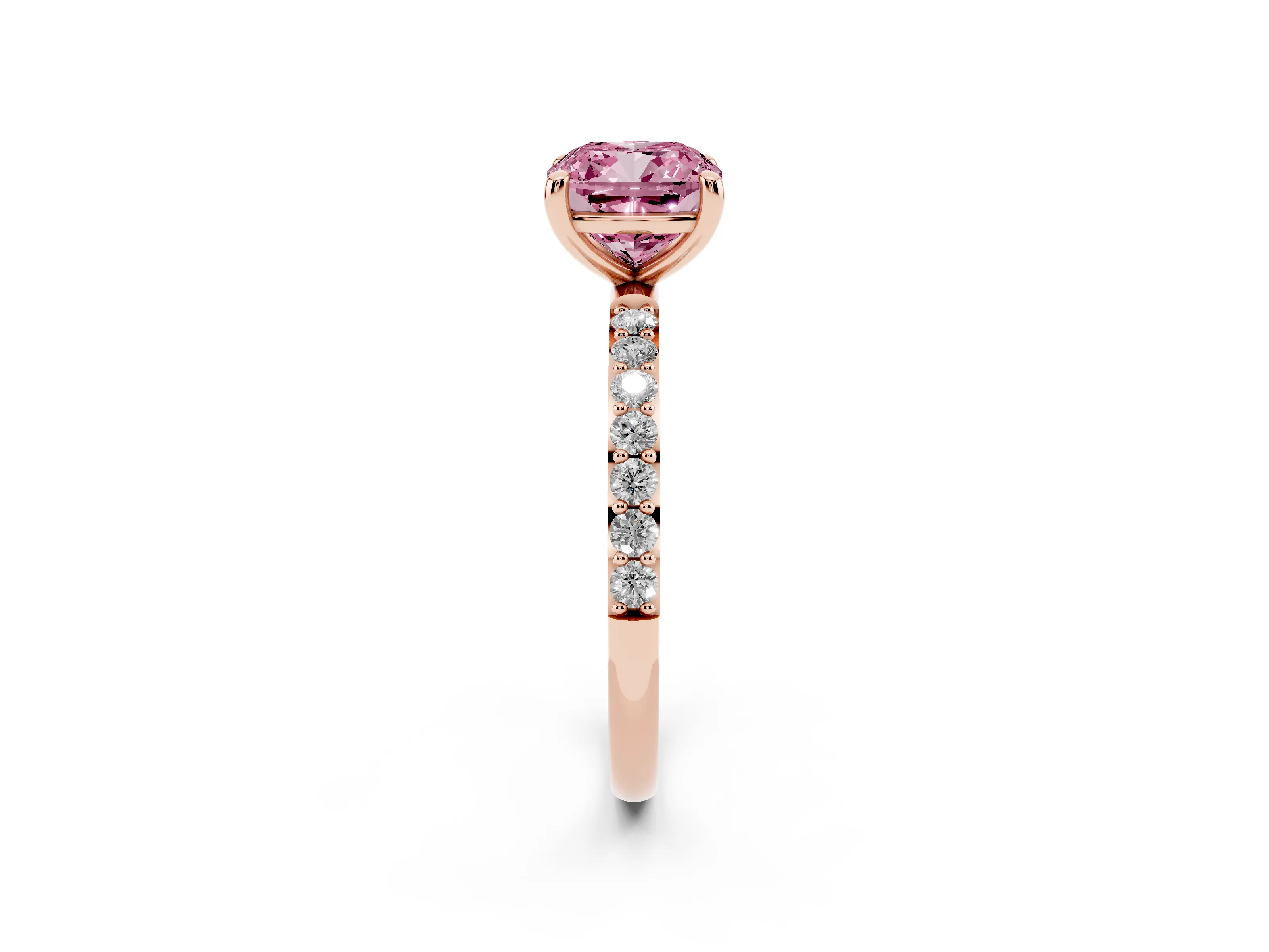 Fancy Pink Cushion Cut Diamond Solitaire Ring Set in Rose gold with Round Pavé Band and Prong Setting