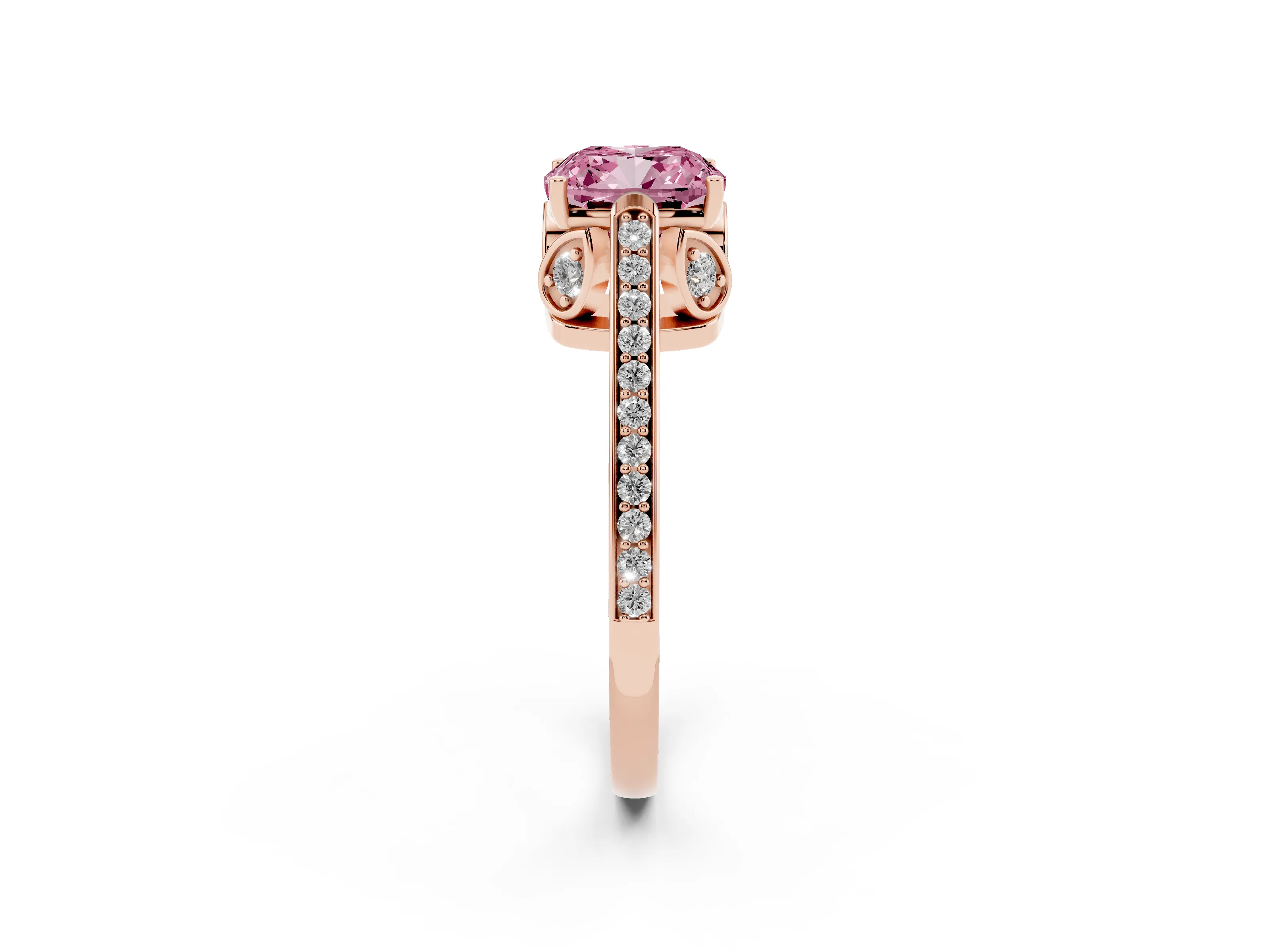 Fancy Pink Cushion Cut Diamond Cathedral Pavé Engagement Ring Set in Rose gold with Prong Setting