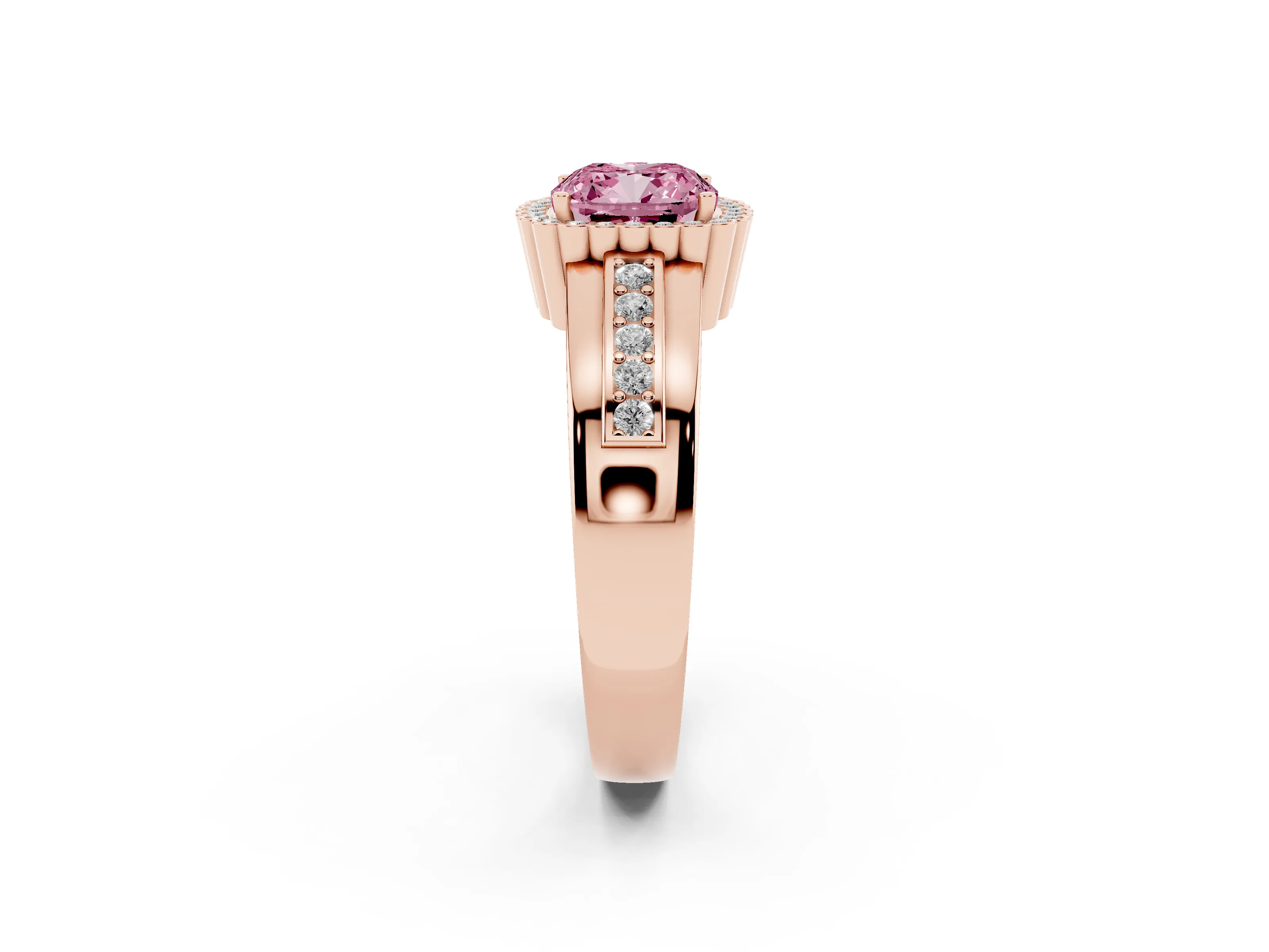 Fancy Pink Cushion Cut Diamond Halo Prong Ring Set in Rose gold with Pavé Band