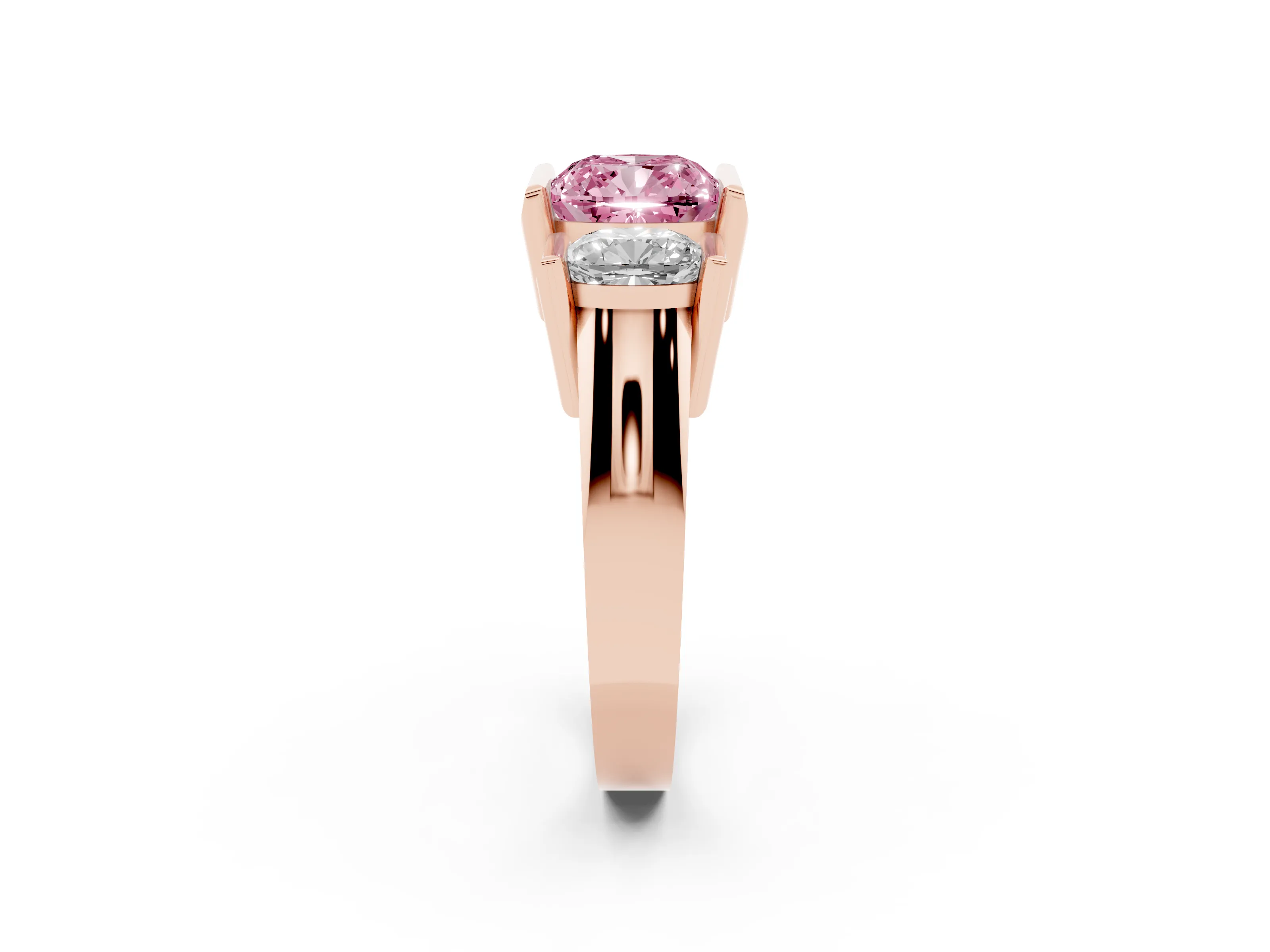 Fancy Pink Cushion Cut Diamond Three-Stone Channel Set Ring Set in Rose gold with Smooth Polished Band