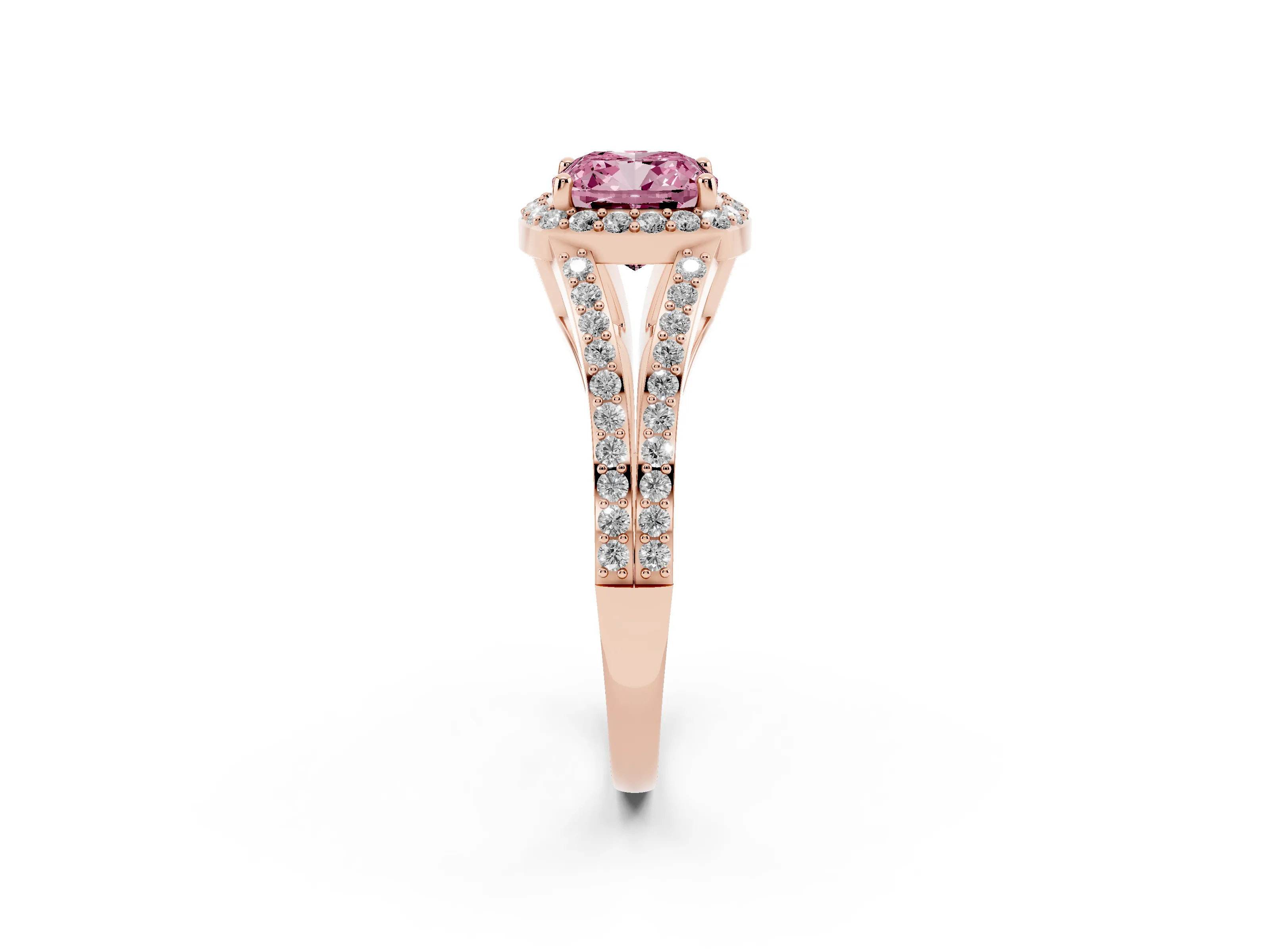 Fancy Pink Cushion Cut Diamond Halo Split Shank Ring Set in Rose gold with Accent Stones and Prong Setting