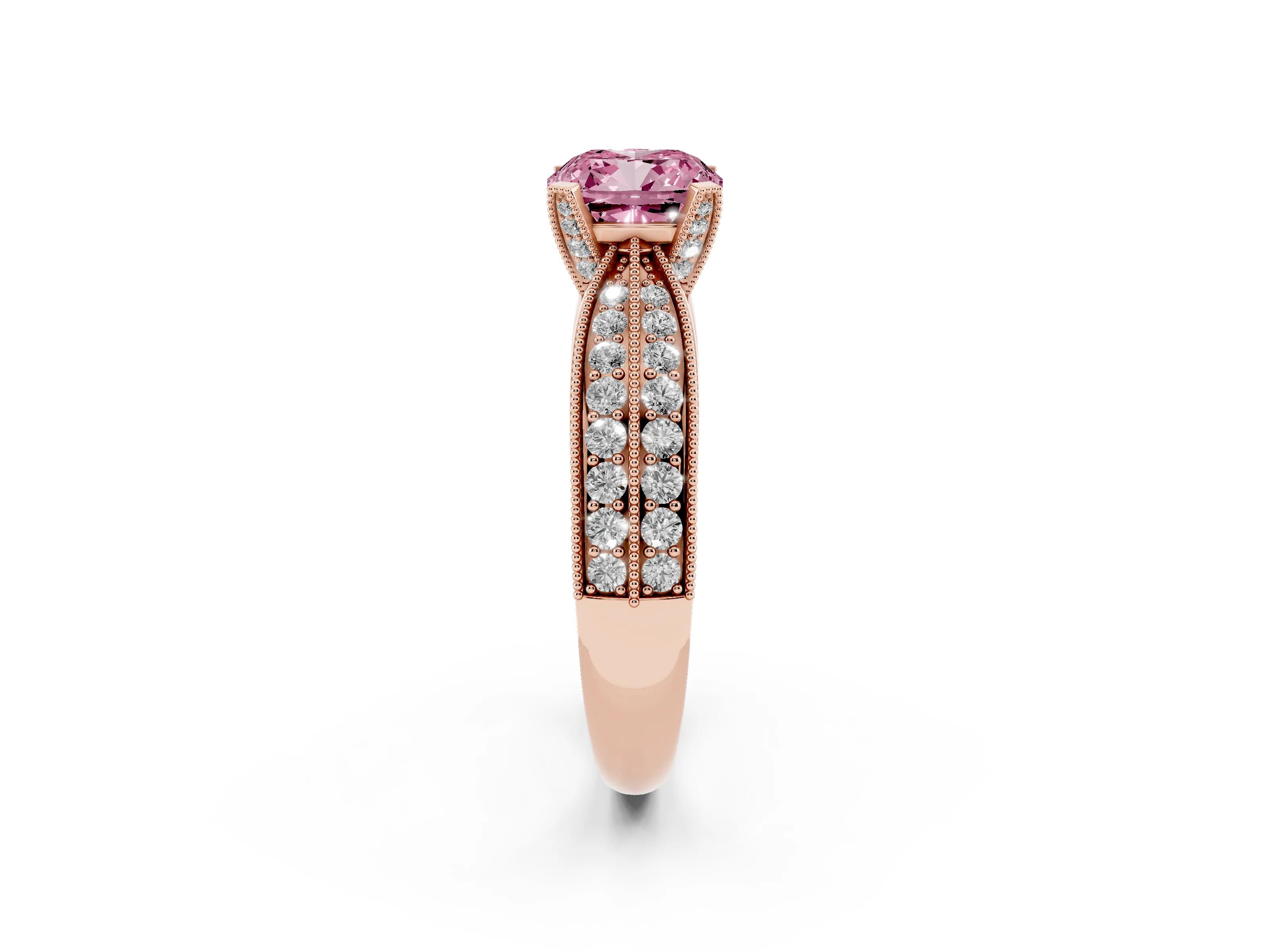 Fancy Pink Cushion Cut Diamond Solitaire Ring Set in Rose gold with Milgrain Double Row Round Pavé Band