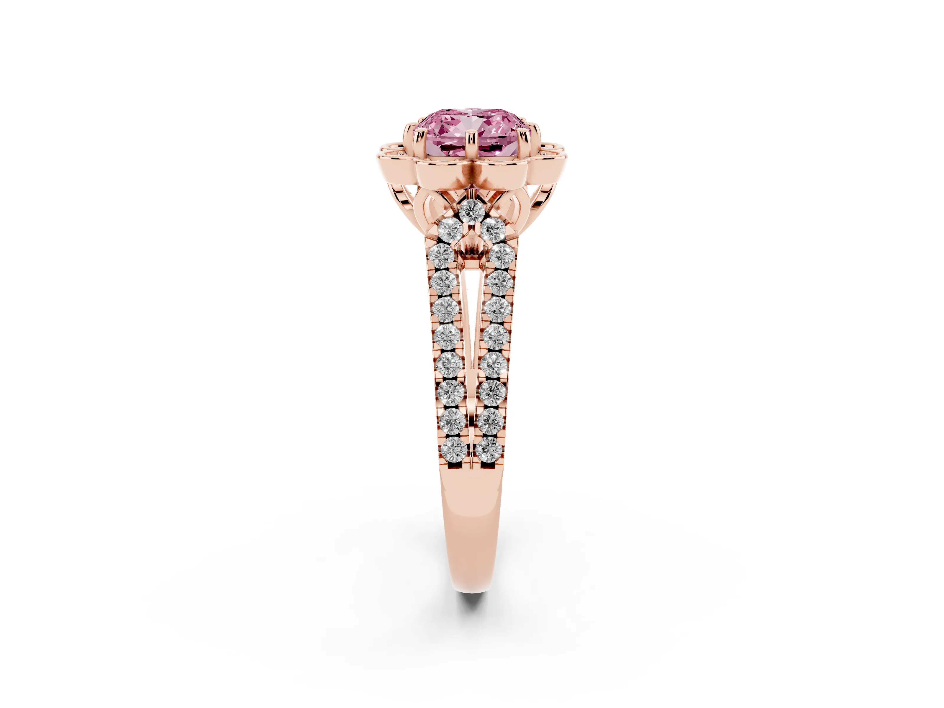 Fancy Pink Cushion Cut Diamond Floral Halo Split Shank Engagement Ring Set in Rose gold with Pavé Shank