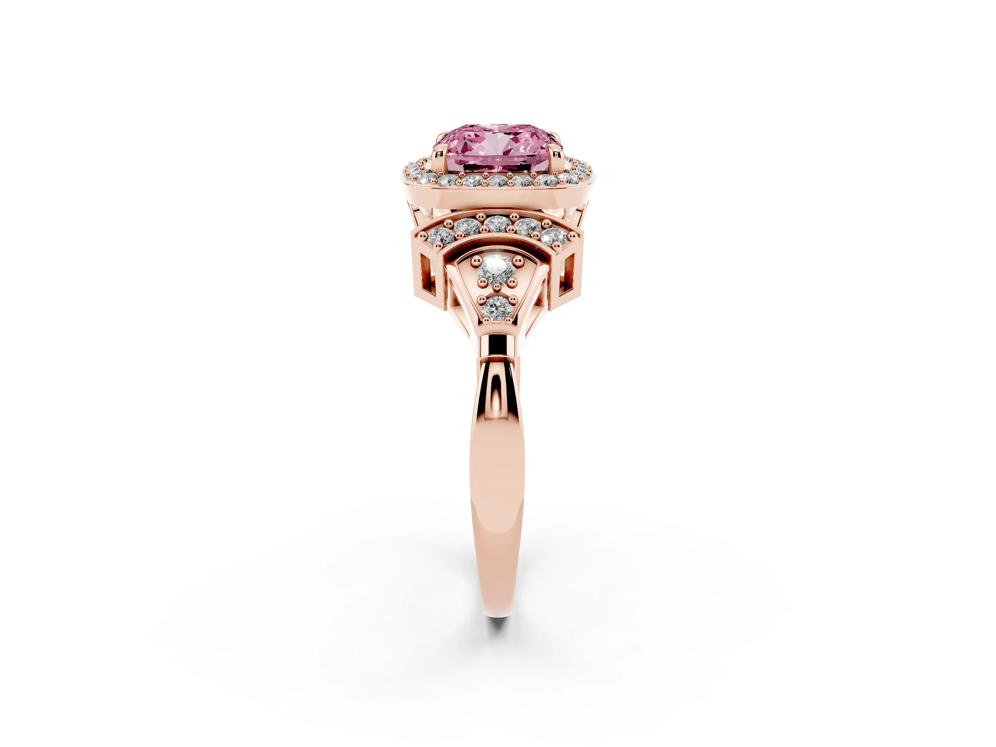 Fancy Pink Cushion Cut Diamond Halo Engagement Ring Set in Rose gold with Accent Stone Split Shank