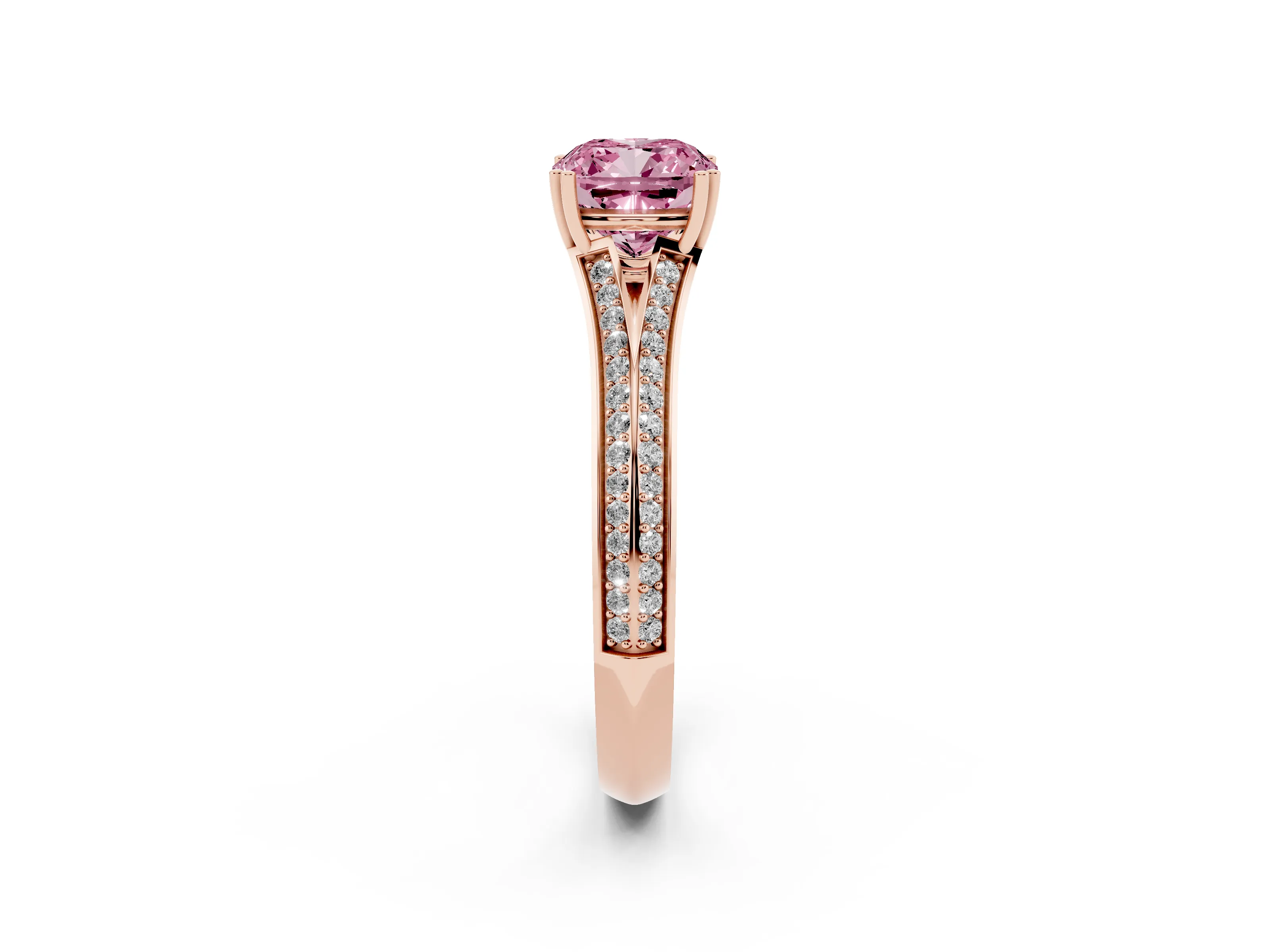 Fancy Pink Cushion Cut Diamond Split Shank Pavé Engagement Ring Set in Rose gold with Prong-Set Center Stone