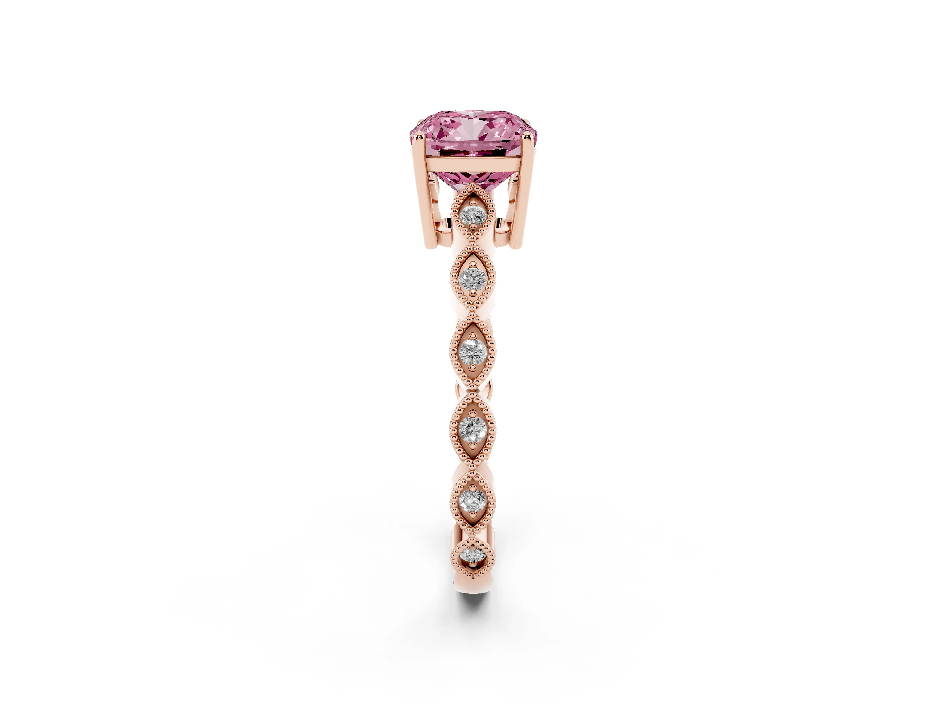 Fancy Pink Cushion Cut Diamond Solitaire Ring Set in Rose gold with Infinity Twist Pavé Band